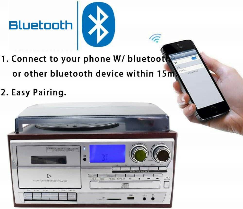 Record Player 9 in 1 3 Speed Bluetooth Vintage Turntable CD Cassette Vinyl Player AM/FM Radio USB/SD Encoding Aux-in RCA Line-Out (Silver)