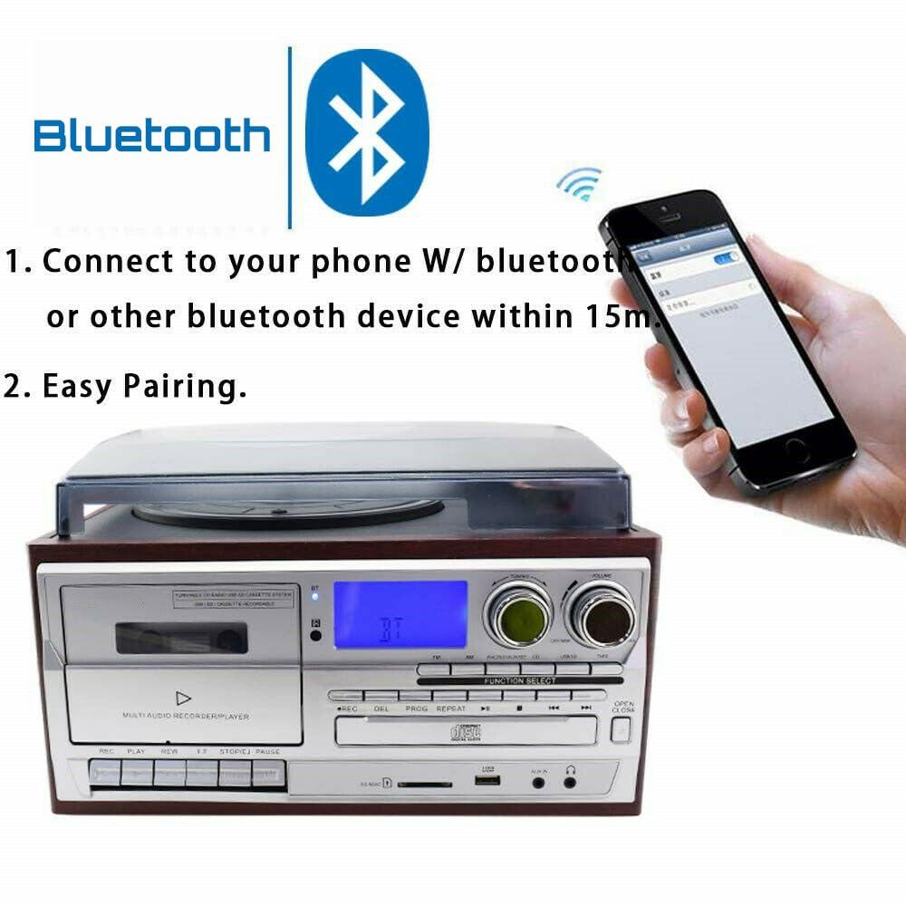 Record Player 9 in 1 3 Speed Bluetooth Vintage Turntable CD Cassette Vinyl Player AM/FM Radio USB/SD Encoding Aux-in RCA Line-Out (Silver)