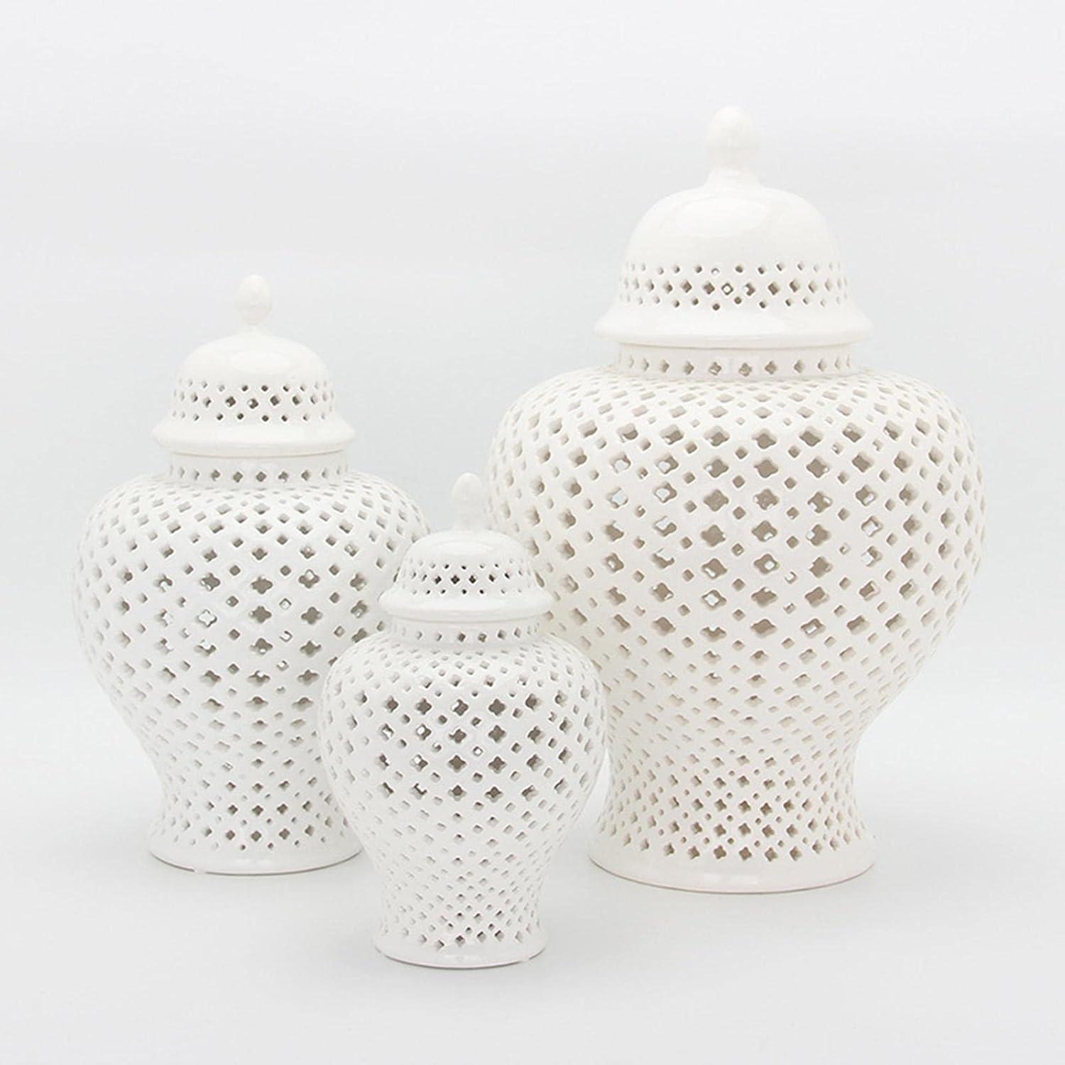 SLGHLSAHG Traditional Pierced Ginger Jar with Lid, Carved Lattice Decorative Temple Jar Ceramic Ginger Jars for Home Decor , white A28769