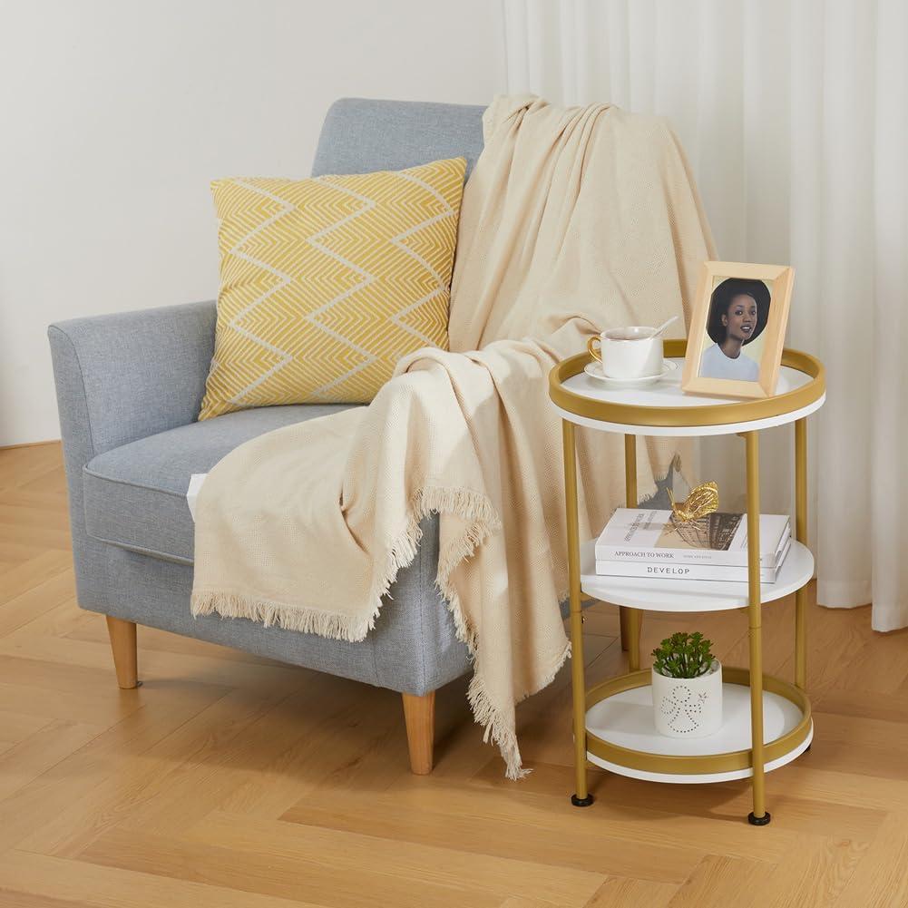 White and Gold Round End Table with 3 Shelves