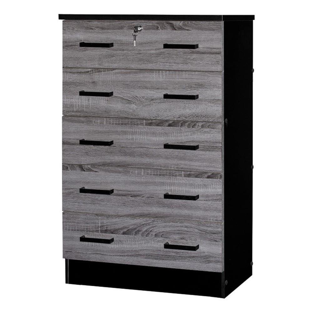 Cindy 5 Drawer Chest Wooden Dresser with Lock, Ebony Black