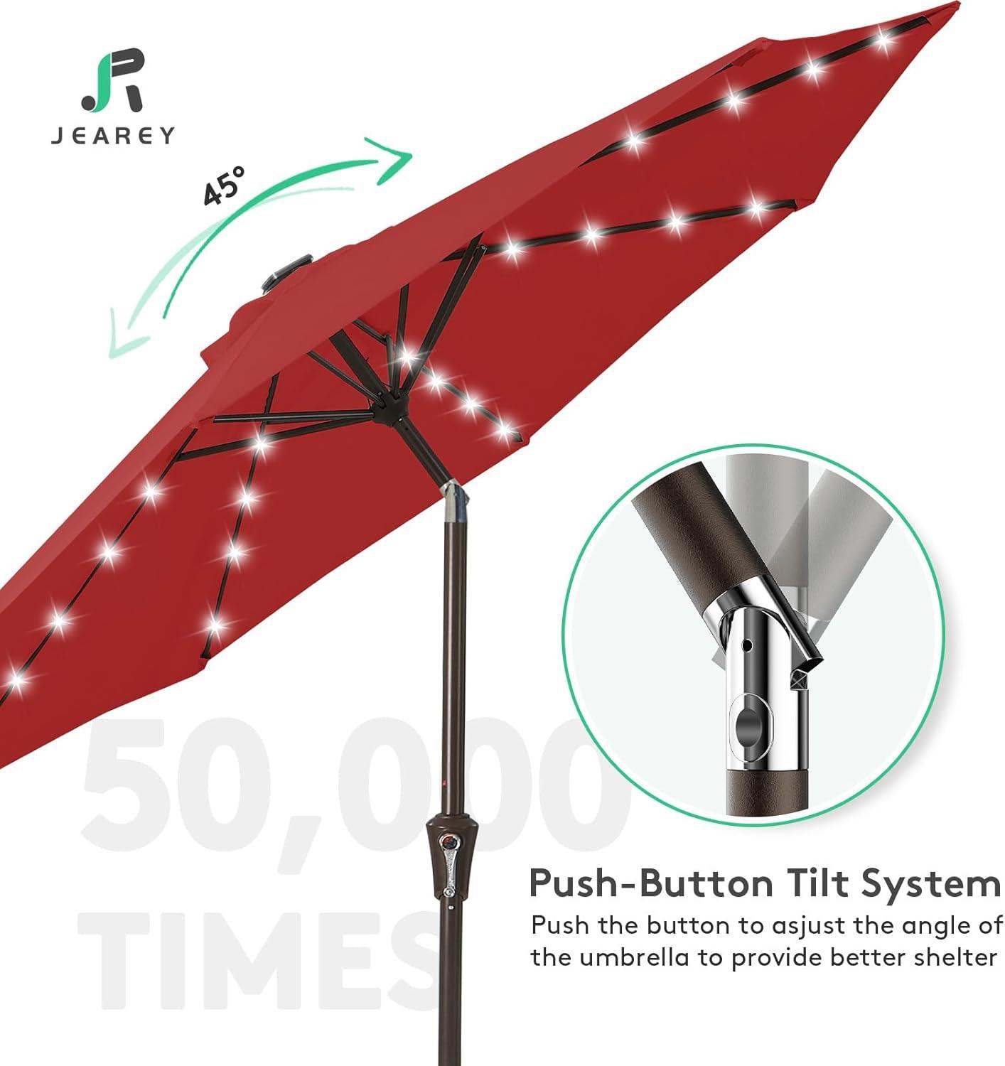JEAREY Upgrade 9FT LED Lighted Patio Umbrella, Solar Outdoor Umbrella, Tilt Table Umbrella for Pool, Deck & Yard (Red)