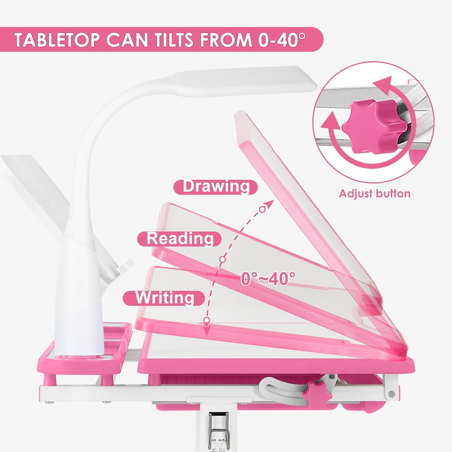 Artist hand Kids Study Table and Chair Set,Adjustable Girls School Writing Study Table,with Large Writing Board LED Pull Out Drawer Pencil Case Bookstand