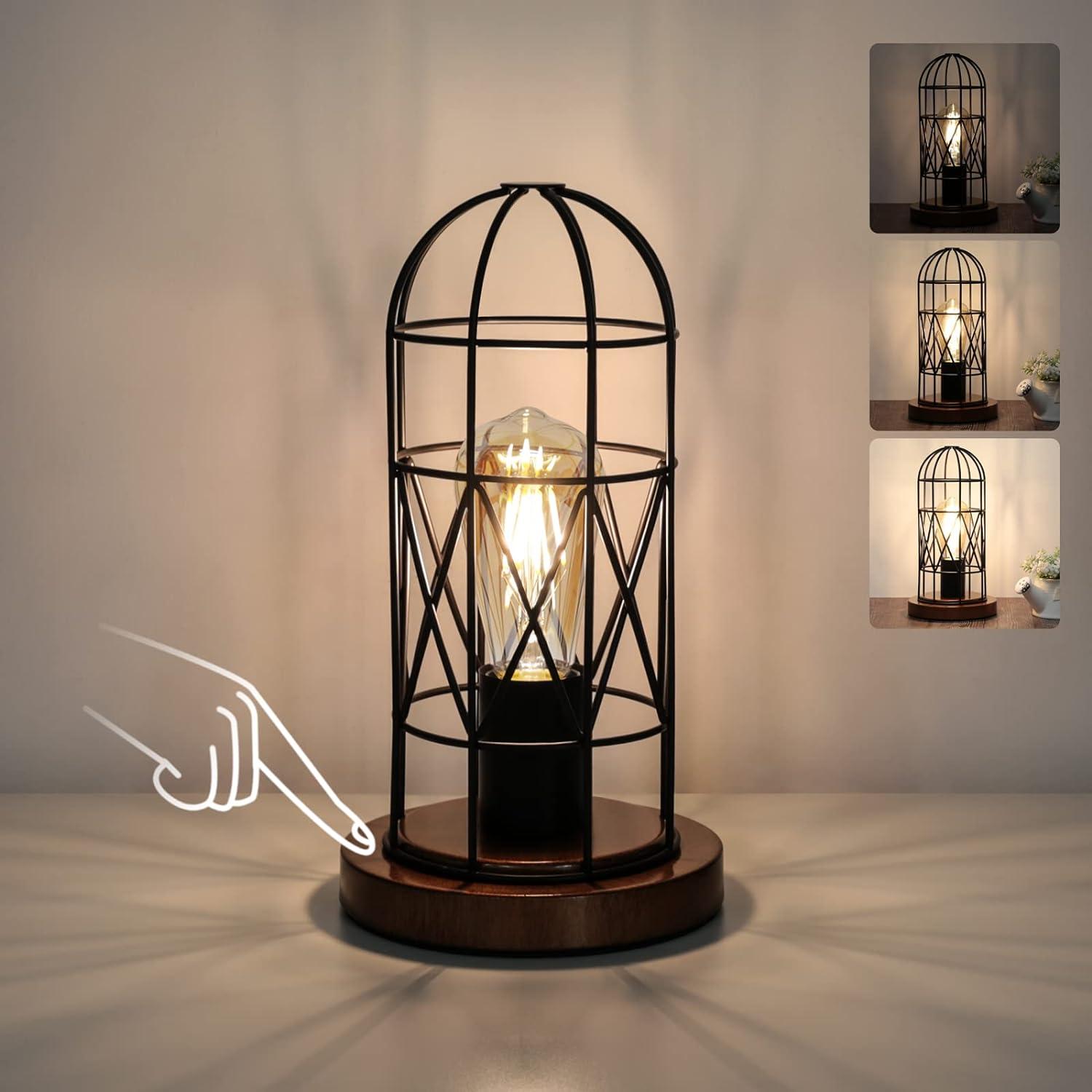 Industrial Black Metal Cage Touch Control Table Lamp