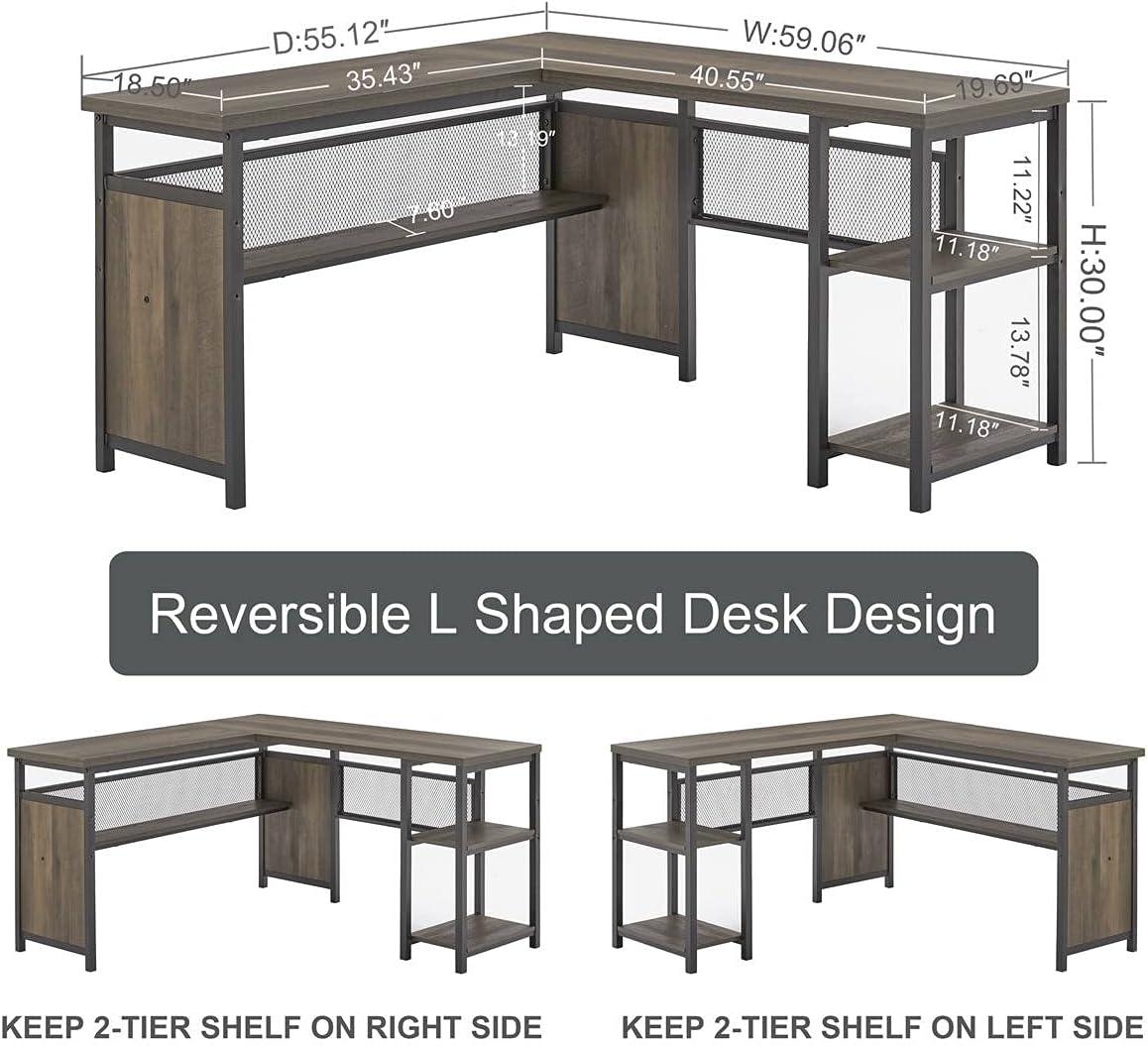 FATORRI L Shaped Computer Desk, Industrial Home Office Desk with Shelves, Reversible Wood and Metal Corner Desk (Walnut Brown, 59 Inch)