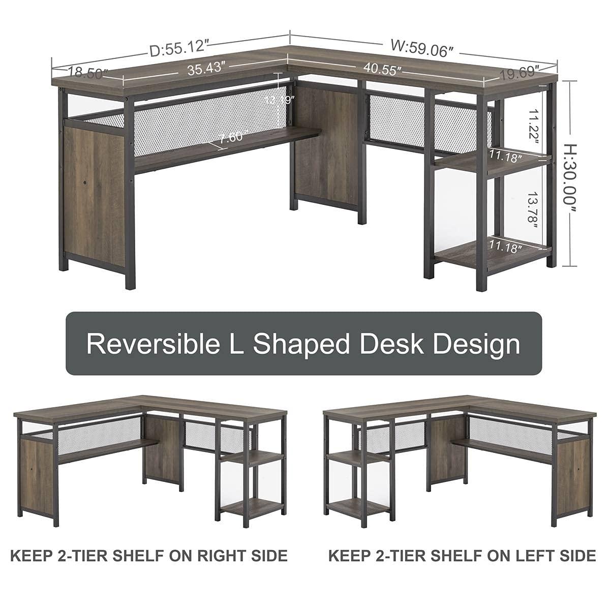 FATORRI L Shaped Desk, Industrial Reversible Home Office Computer Desk with Wood Shelves, Corner Desks with Metal Legs (Walnut Brown, 59 Inch)