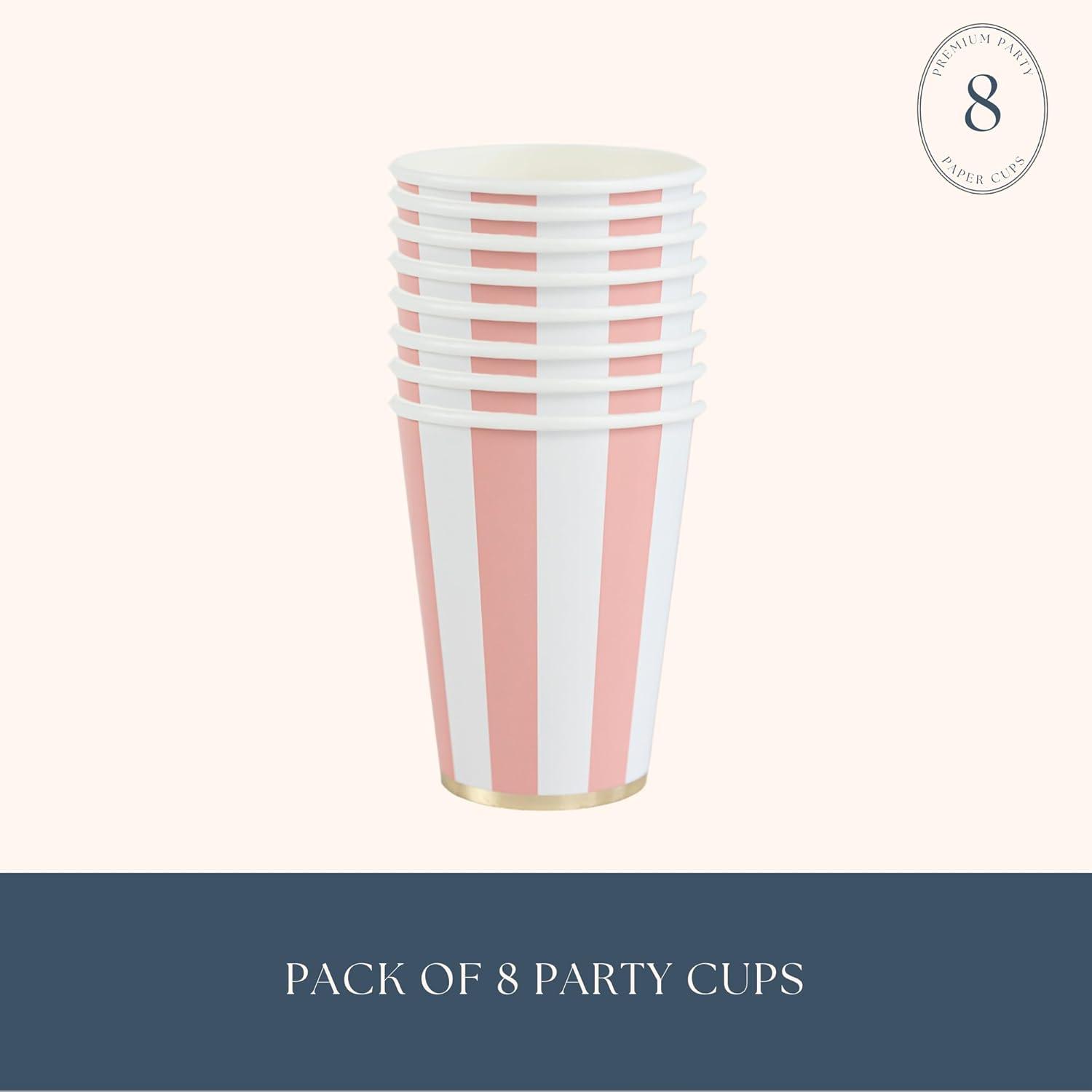 Bonjour Fête Pink Cabana Stripe Paper Party Cups | Disposable Cups for Valentine's Day, Baby Showers, Barbie Parties & Birthday Decorations | Premium 12oz Party Supplies | Pack of 8