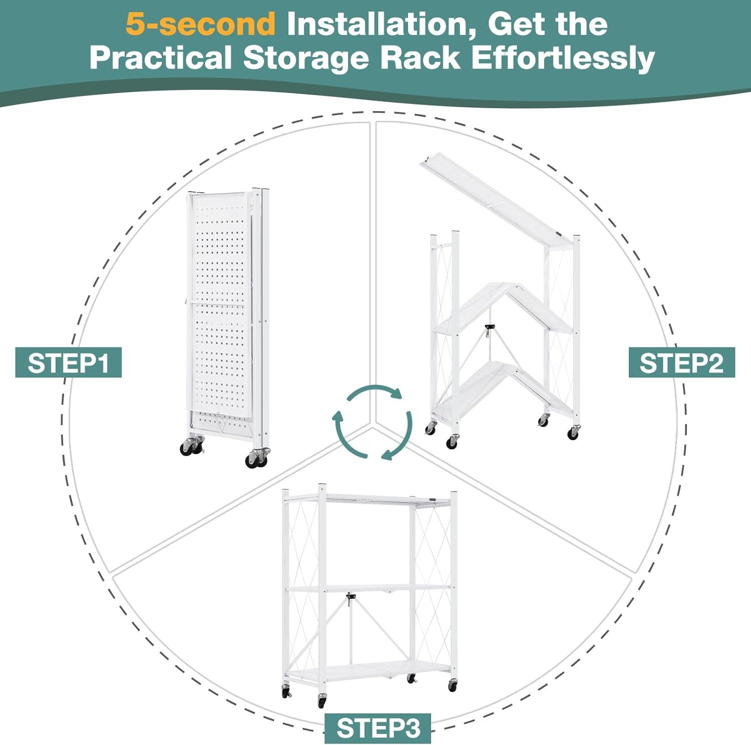 3-Tier Storage Shelves with Wheels, Folding Bookshelf No Assembly, Metal Display Shelf for Balcony, Kitchen, Basement, Pantry, White