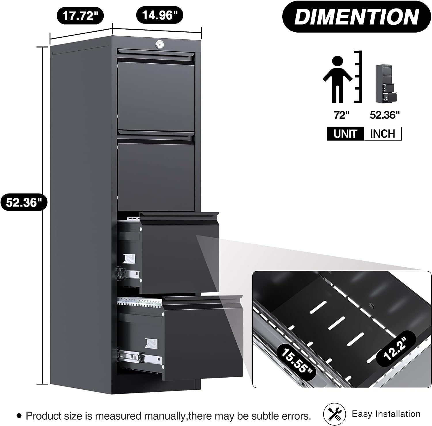 4 Drawer File Cabinet, Metal Vertical File Storage Cabinet with Lock, Office Home Steel File Cabinet for A4 Letter/Legal Size, 14.96" W x 17.72" D x 52.36" H, Assembly Required (Black)…