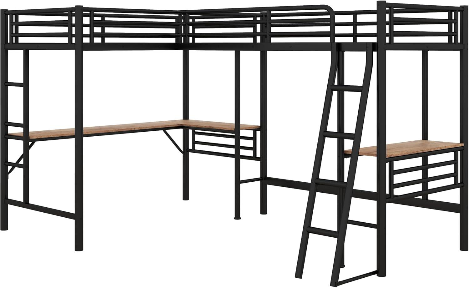 Mason & Marbles Double Twin Size Loft Beds, Metal L-Shaped Loft Bed Frame With Two Desk