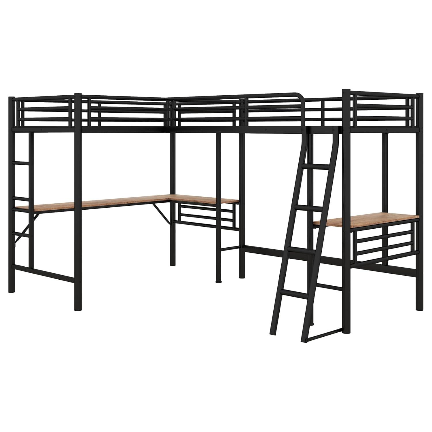 Mason & Marbles Double Twin Size Loft Beds, Metal L-Shaped Loft Bed Frame With Two Desk