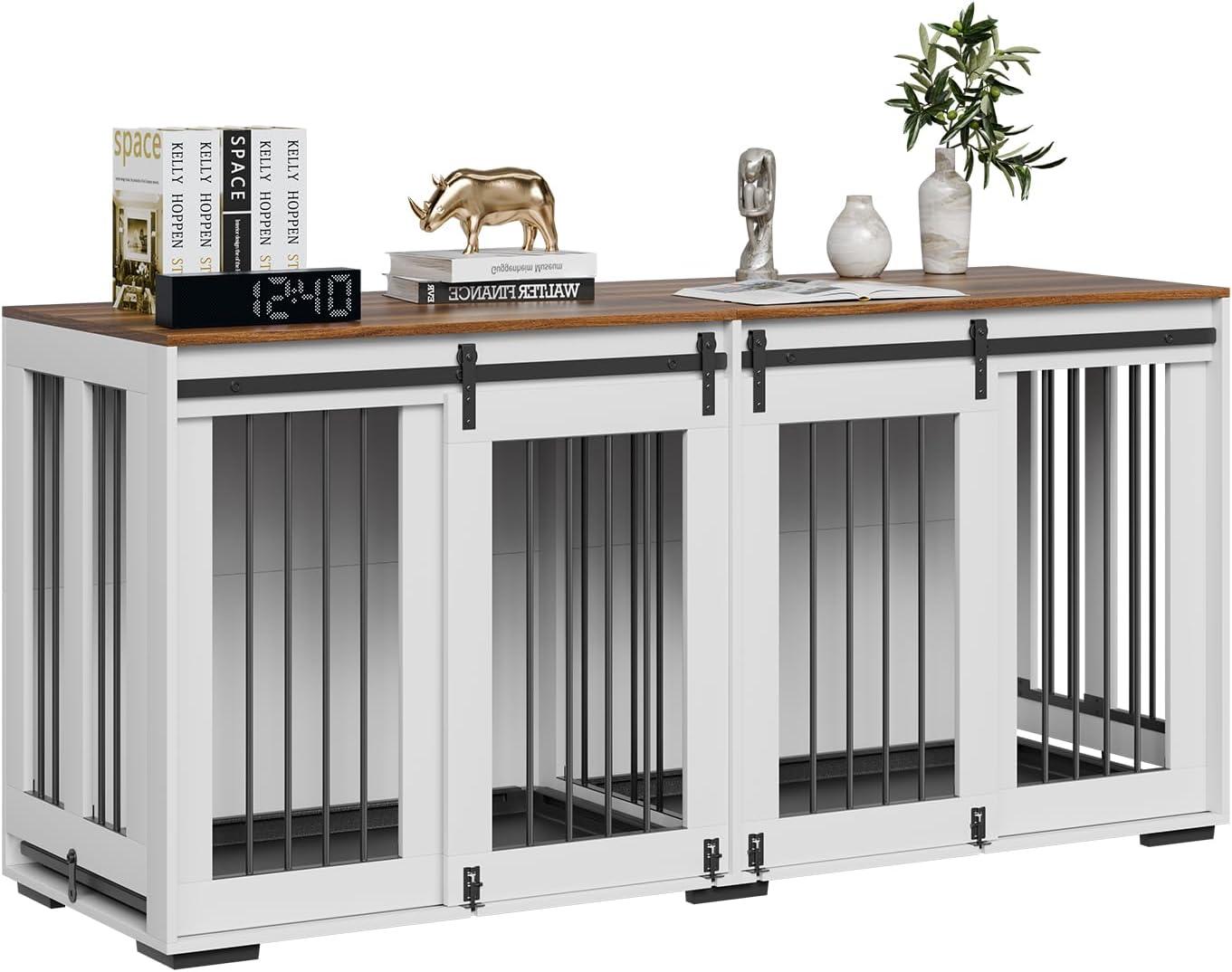 VEVOR 72"Dog Crate Furniture for 2 Dogs,Double Dog Crate Furniture with Double Sliding Doors,Large Dog Crate TV Stand with Removable Tray,Steel Frame Double Dog Crate for Small,Medium,Large Dogs White