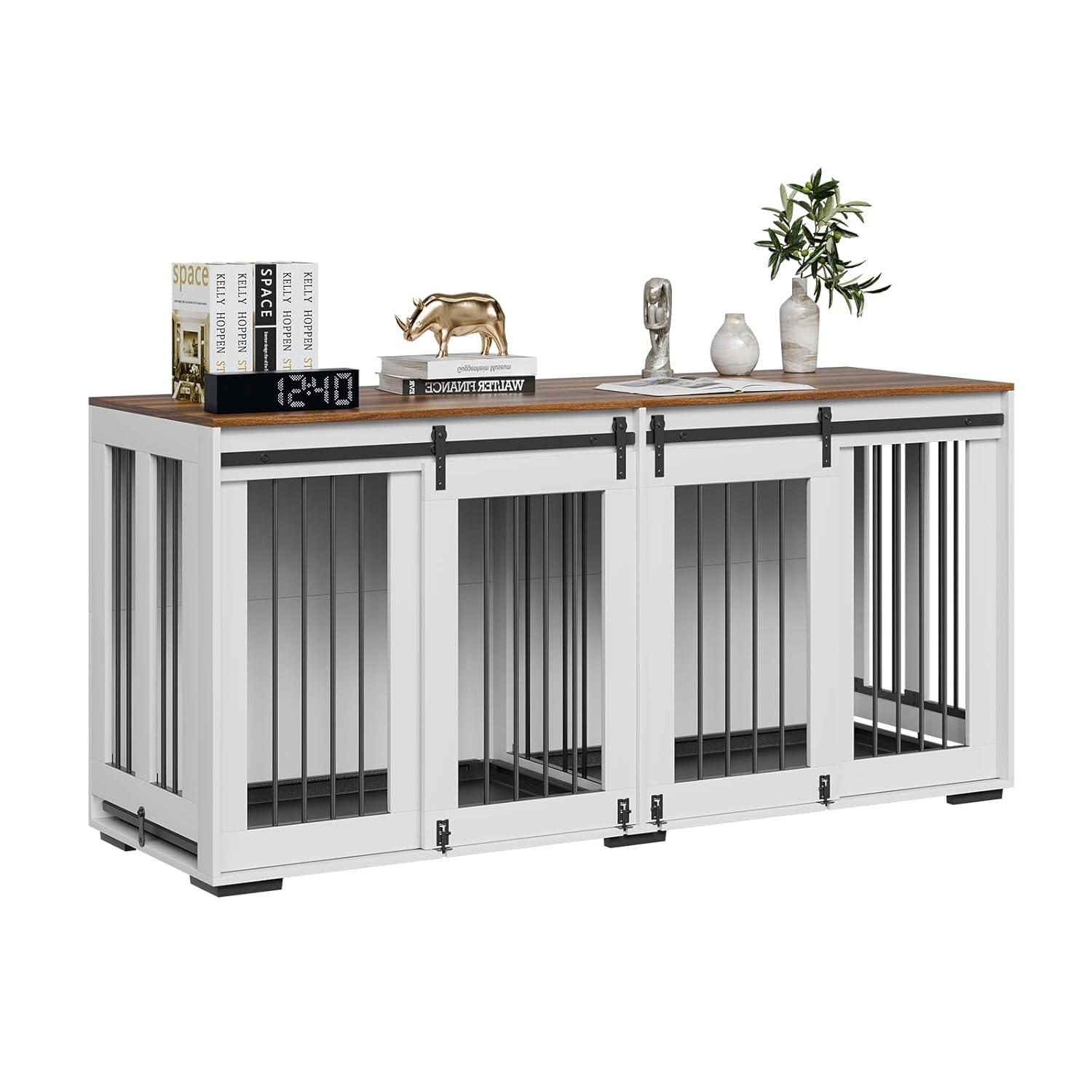 VEVOR 72"Dog Crate Furniture for 2 Dogs,Double Dog Crate Furniture with Double Sliding Doors,Large Dog Crate TV Stand with Removable Tray,Steel Frame Double Dog Crate for Small,Medium,Large Dogs White