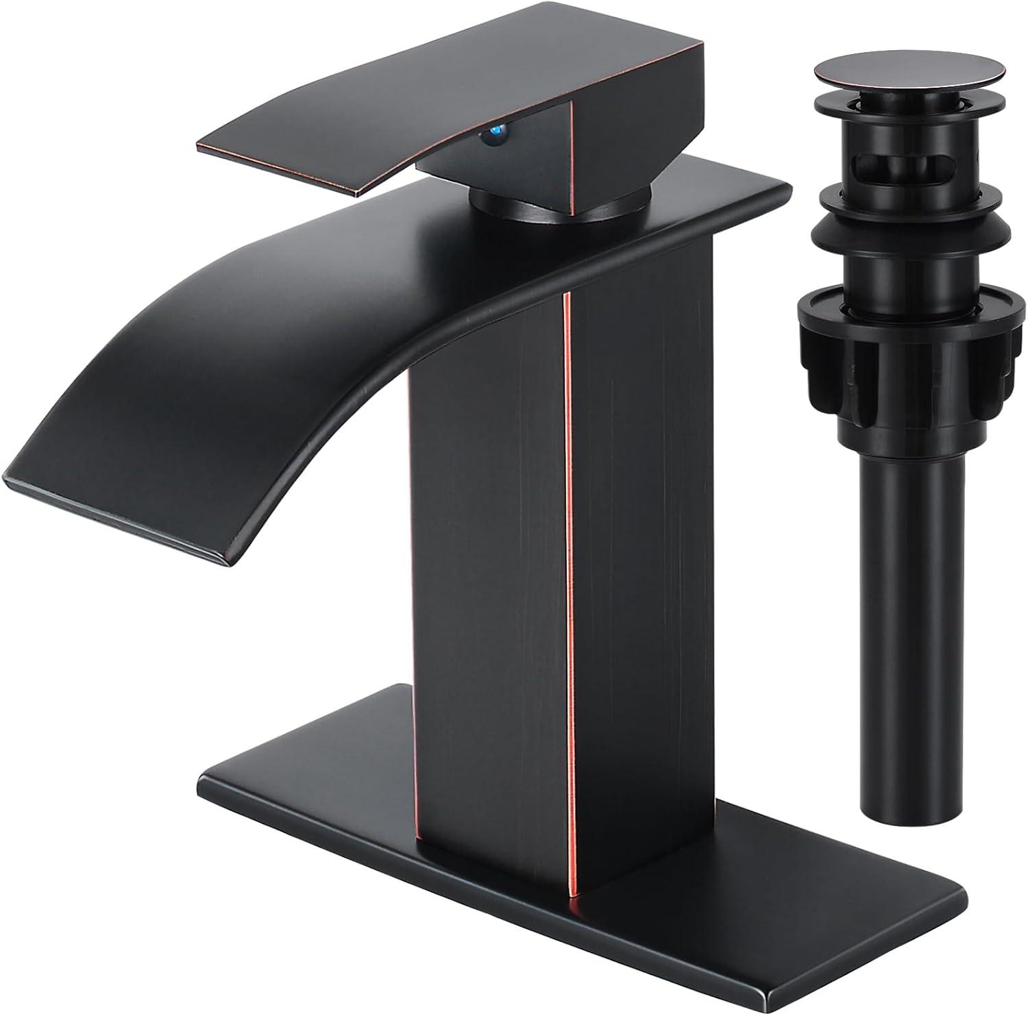 Oil Rubbed Bronze Waterfall Bathroom Faucet with Deckplate and Pop-Up Drain