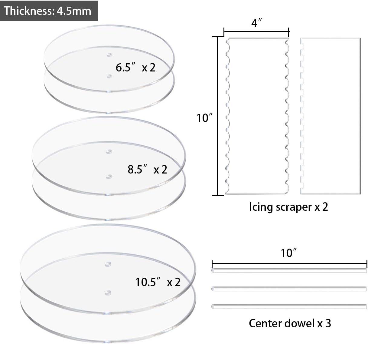 Acrylic Cake Discs Set - Round Buttercream Cake Decorating Tools with 6 Acrylic Discs(2 Each of 6.5”, 8.5”, 10.5"), 2 Icing Scraper and 3 Center Dowel - for Serving Bake Goods