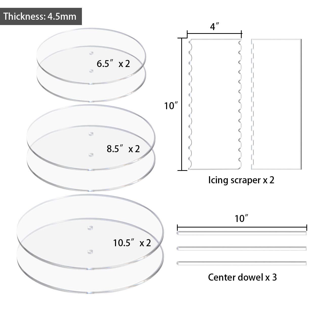 Acrylic Cake Discs Set - Round Buttercream Cake Decorating Tools with 6 Acrylic Discs(2 Each of 6.5”, 8.5”, 10.5"), 2 Icing Scraper and 3 Center Dowel - for Serving Bake Goods