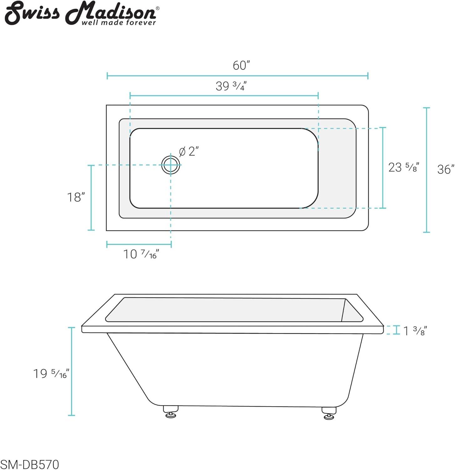 Voltaire 60" x 36" Reversible Drain Drop-In Bathtub