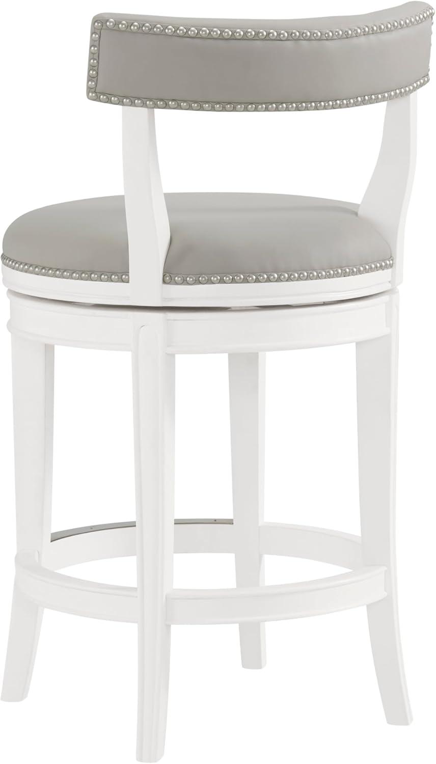Alaterre Hanover Swivel Counter Height Bar Stool, 26-Inch Seat Height, White and Gray, Solid Rubberwood Frame with Faux Leather Upholstery, Nailhead Trim, Memory Return Swivel Mechanismv