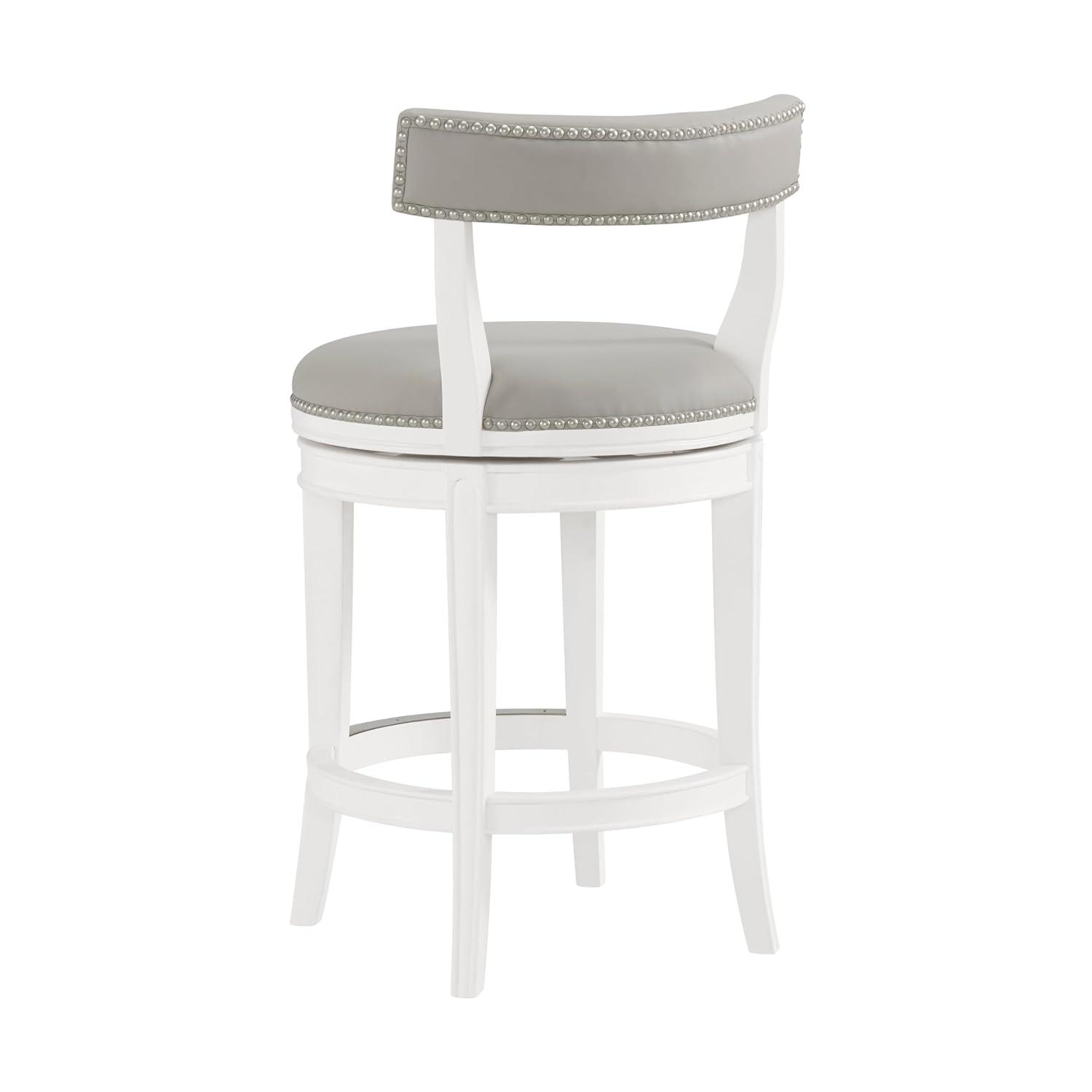Alaterre Hanover Swivel Counter Height Bar Stool, 26-Inch Seat Height, White and Gray, Solid Rubberwood Frame with Faux Leather Upholstery, Nailhead Trim, Memory Return Swivel Mechanismv