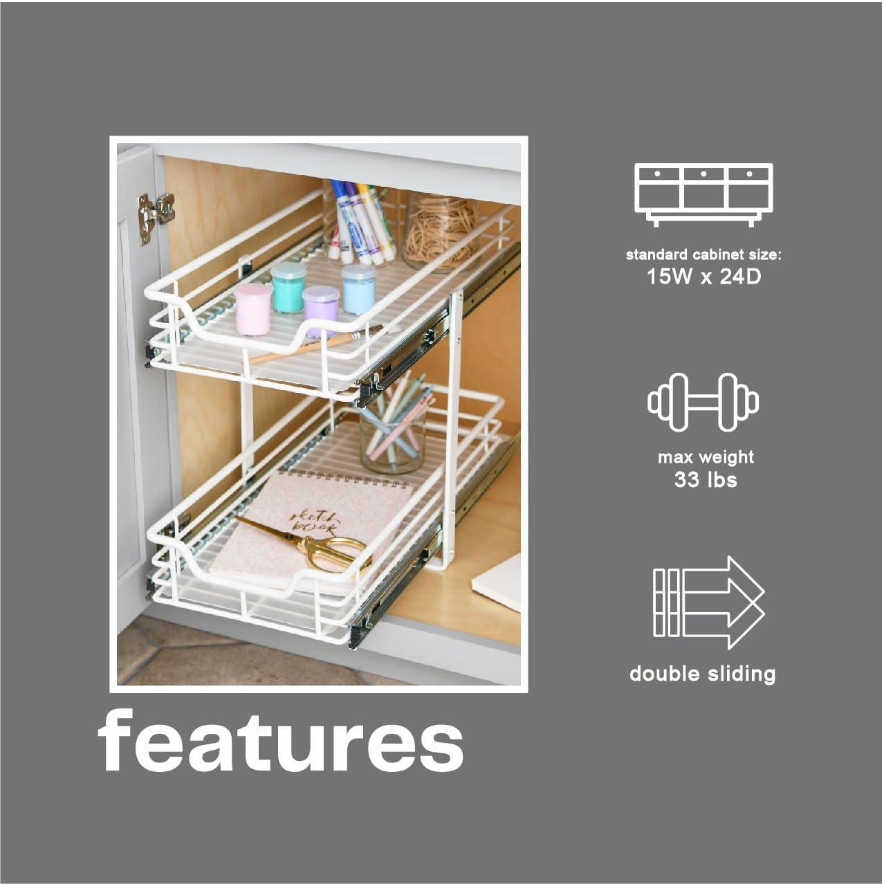Glidez Multipurpose Powder-Coated Steel Pull-Out/Slide-Out Storage Organizer with Plastic Liners - 2-Tier Dual-Slide Design - White