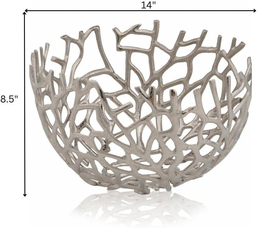 Modern Day Accents Twigs Round, Silver, Bowl, Holds Fruits, Keys, Phones, Accessories, Fillers, & Spheres, Branches, Tabletop, Accent, Modern, Aluminum, 14.5" x 14.5" x 8.5"
