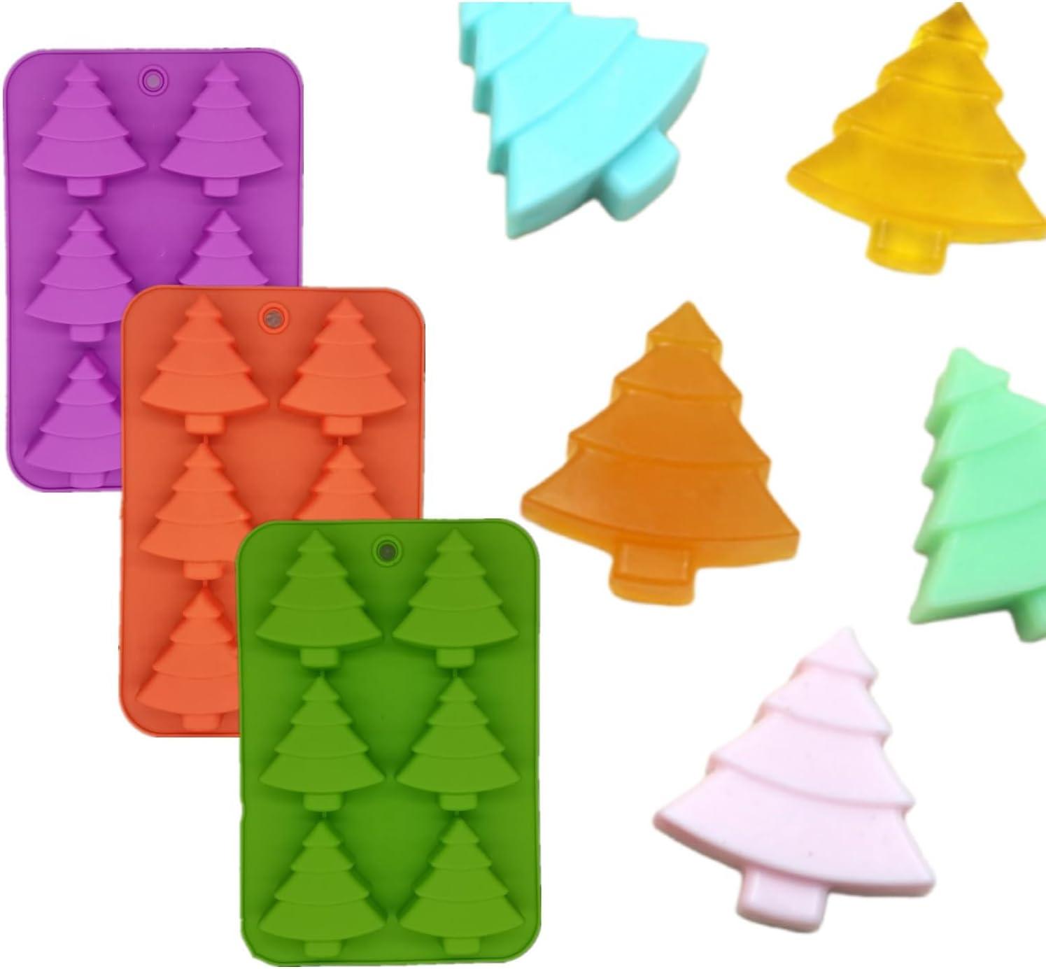 3 Pack Christmas Tree Silicone Molds,6 Cavity Candy Baking Trays for Holiday Cakes,Candies,Gummy,Chocolates,Jelly,Soap,Ice Cube,Cookies (red, green, purple)