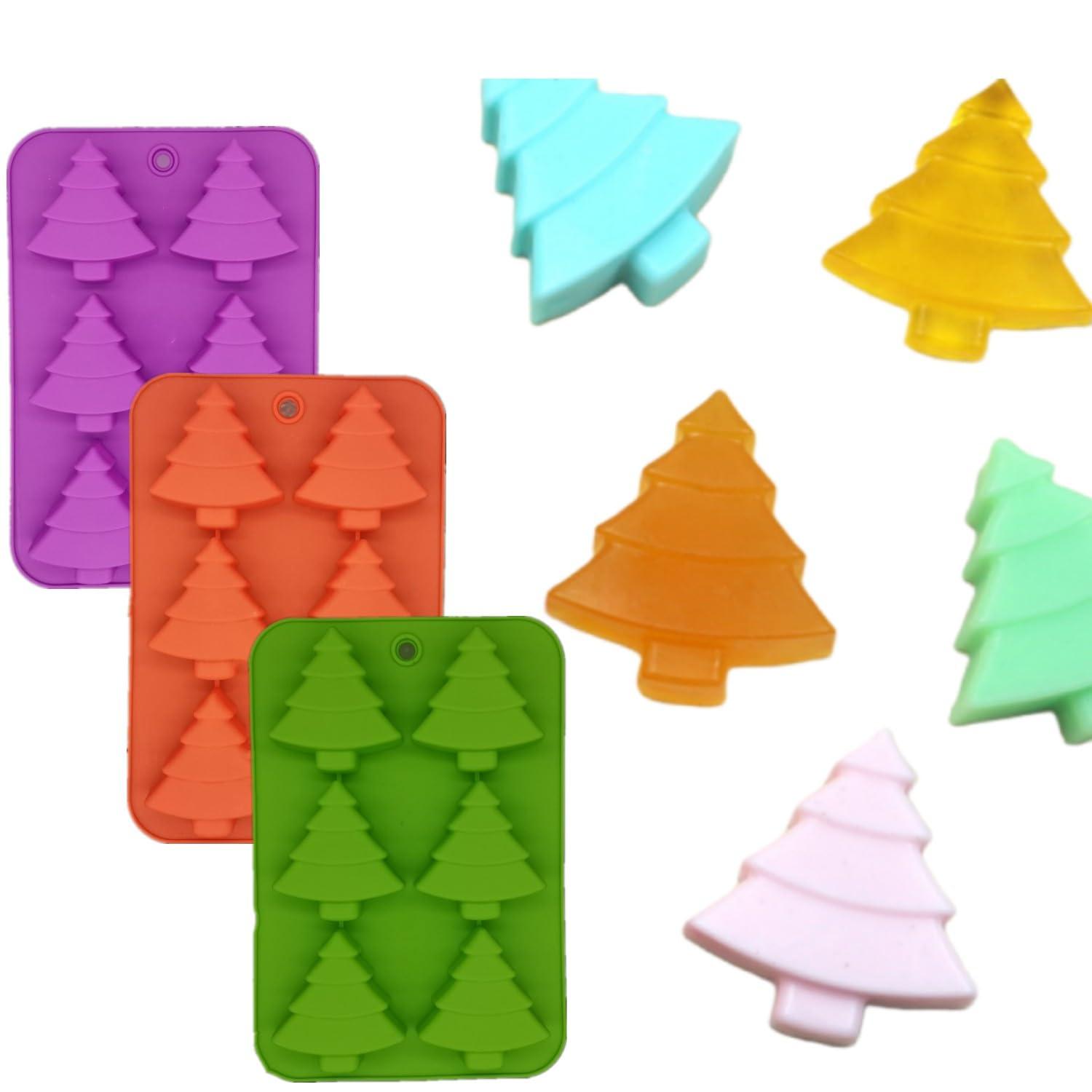 3 Pack Christmas Tree Silicone Molds,6 Cavity Candy Baking Trays for Holiday Cakes,Candies,Gummy,Chocolates,Jelly,Soap,Ice Cube,Cookies (red, green, purple)