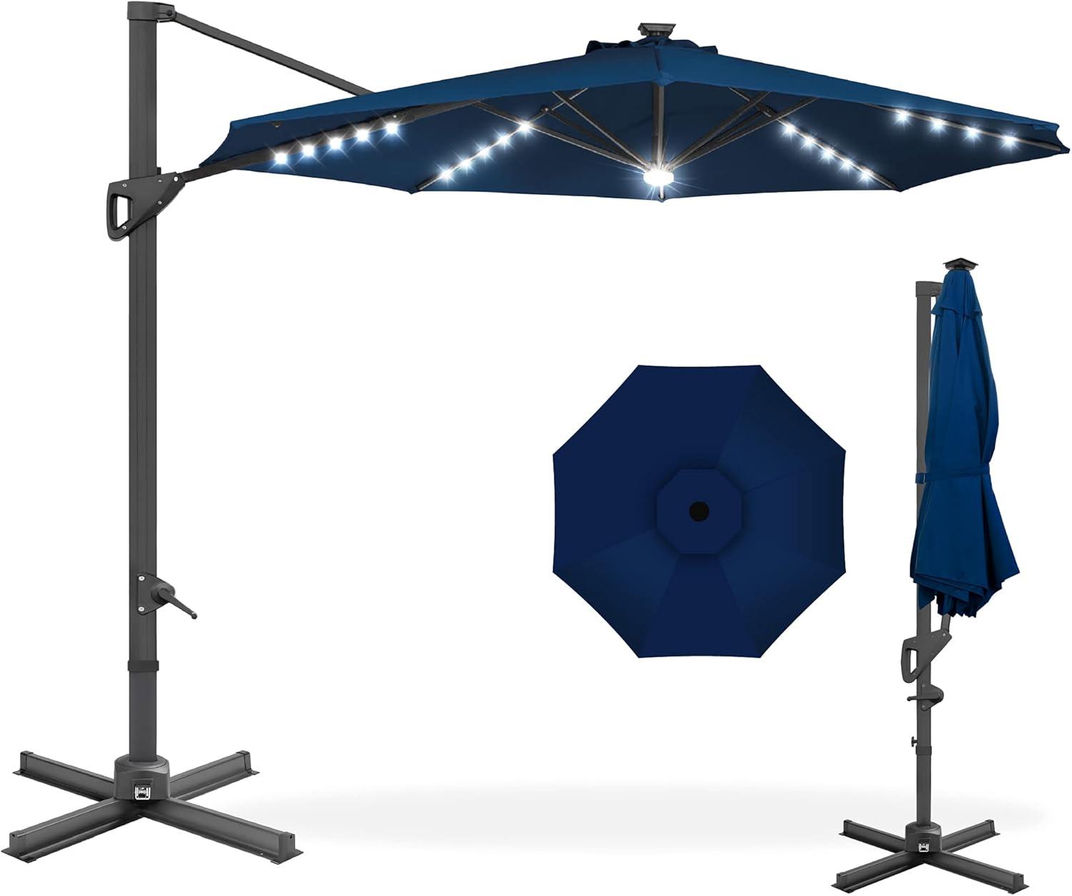 Best Choice Products 10ft 360-Degree Solar LED Lit Cantilever Patio Umbrella, Outdoor Hanging Shade - Navy Blue