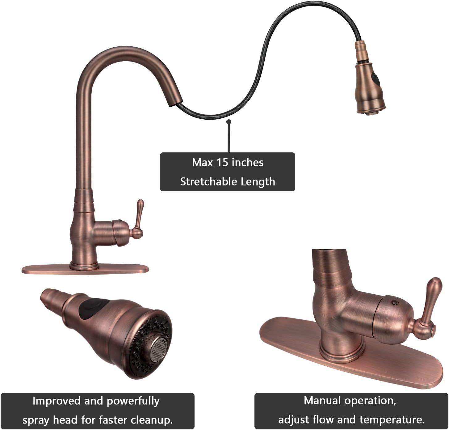 Copper Pull Down Kitchen Faucet with Single Handle Deck Plate Included