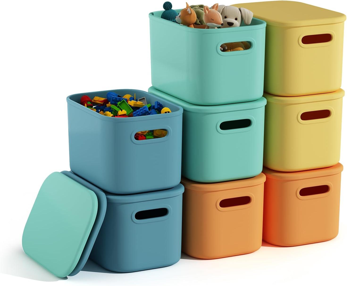 8 Pieces Colorful Storage Bins with Lid and Handle, Plastic Stackable Baskets Desktop Cube Box Cubby Bins Containers for Shelf Cabinet Bedroom Office (Multi-colored,14.2 x 10.2 x 9.5 Inch)