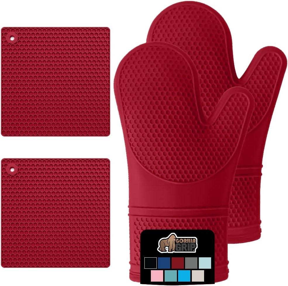 Gorilla Grip Heat and Slip Resistant Silicone Oven Mitts and Trivet Set, Waterproof, BPA-Free Set of 4, Red