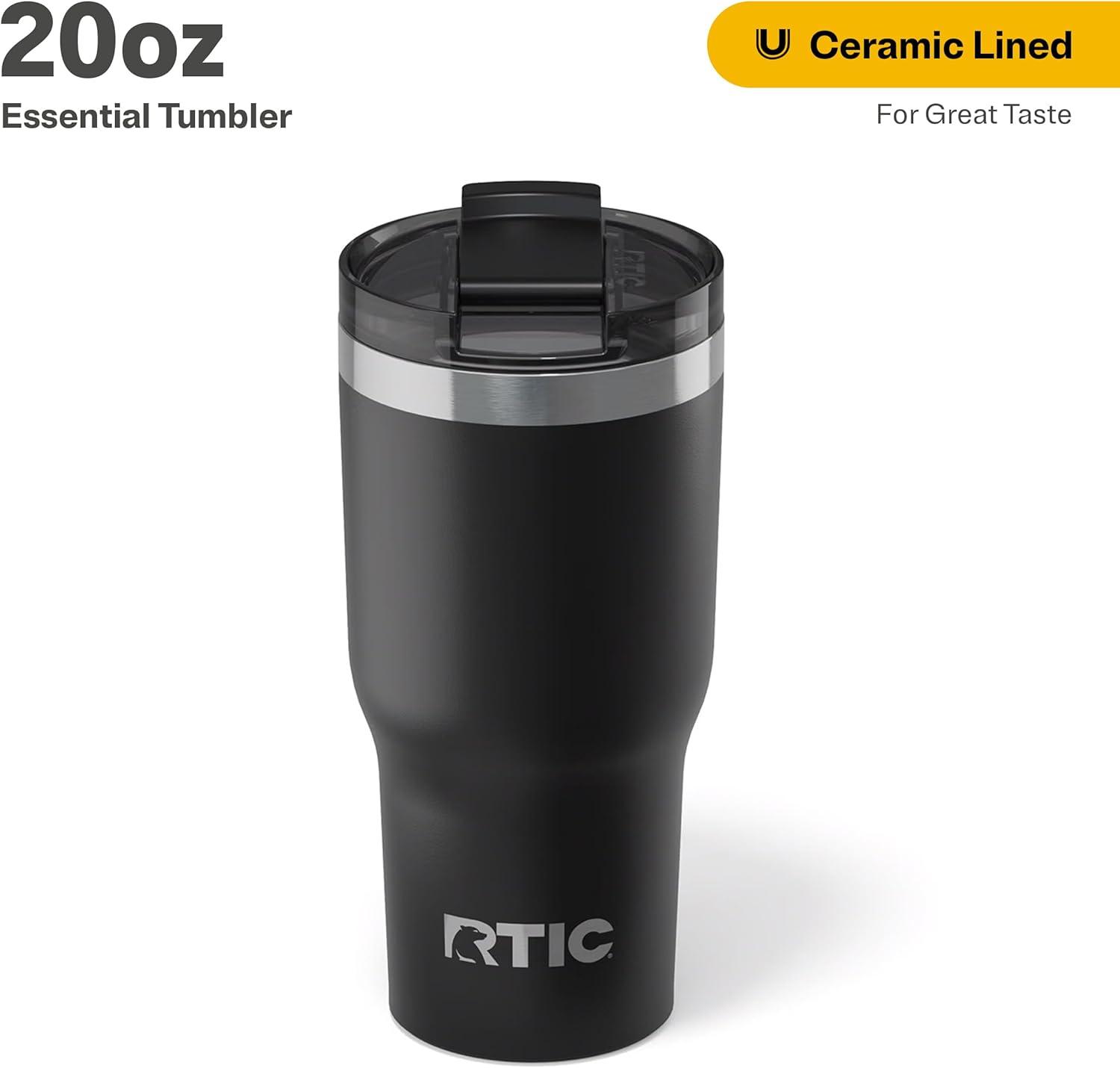 RTIC 20 oz Ceramic Lined Insulated Essential Tumbler, Leak-Resistant Lid, Black