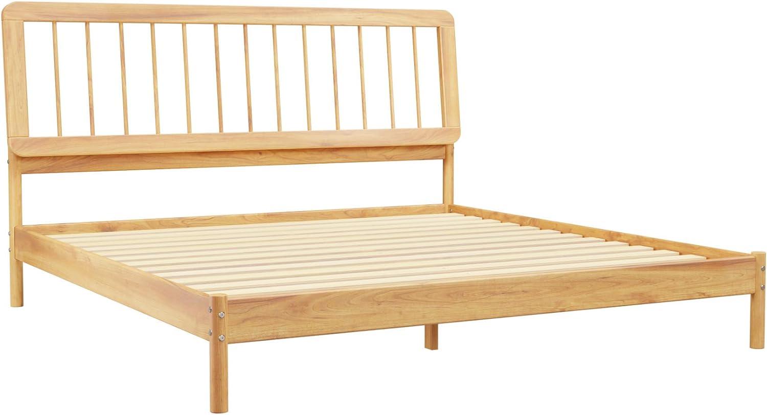 Mid-Century Modern Solid Wood King Spindle Bed – Natural Pine