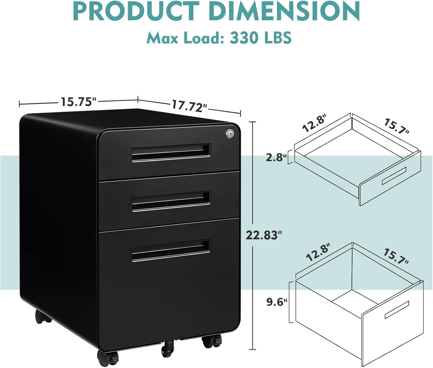 Keeomi Mobile Filing Cabinet 3 Drawer, Rolling Small File Cabinet with Keys Under Desk, Modern Black Filing Cabinet for Home Office with Anti-tilt Wheels, A4/Letter/Legal Hanging File Drawers