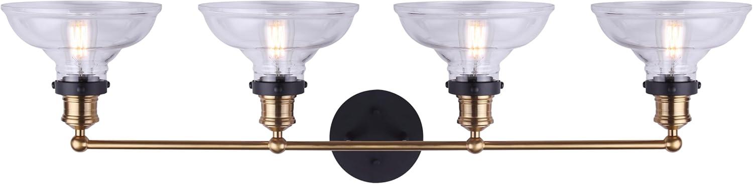 LORA Modern Farmhouse Vanity Light – 4-Light Industrial Bathroom Fixture, Matte Black & Gold Finish, Clear Glass Shades, 100W Type A, 38.5" Wide Over Mirror Wall Sconce