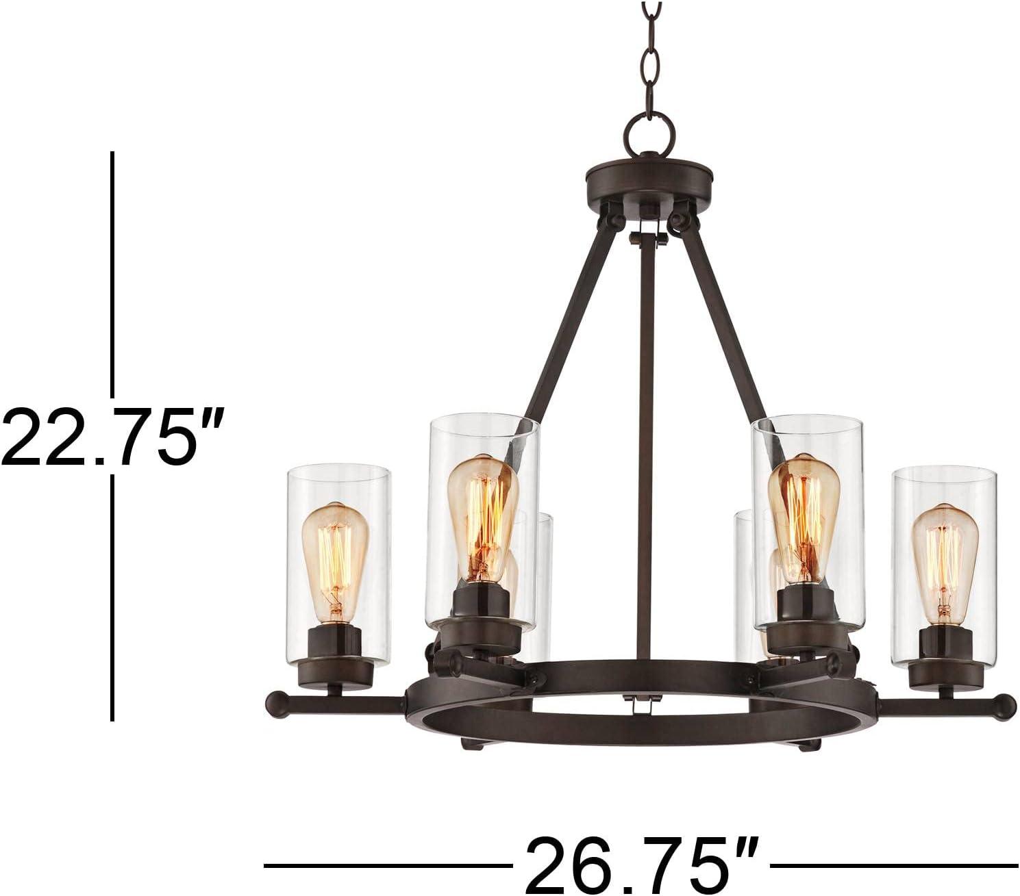 Franklin Iron Works Holman Bronze Wagon Wheel Chandelier 26 3/4" Wide Rustic Farmhouse Clear Glass 6-Light Fixture for Dining Room Kitchen Island Home