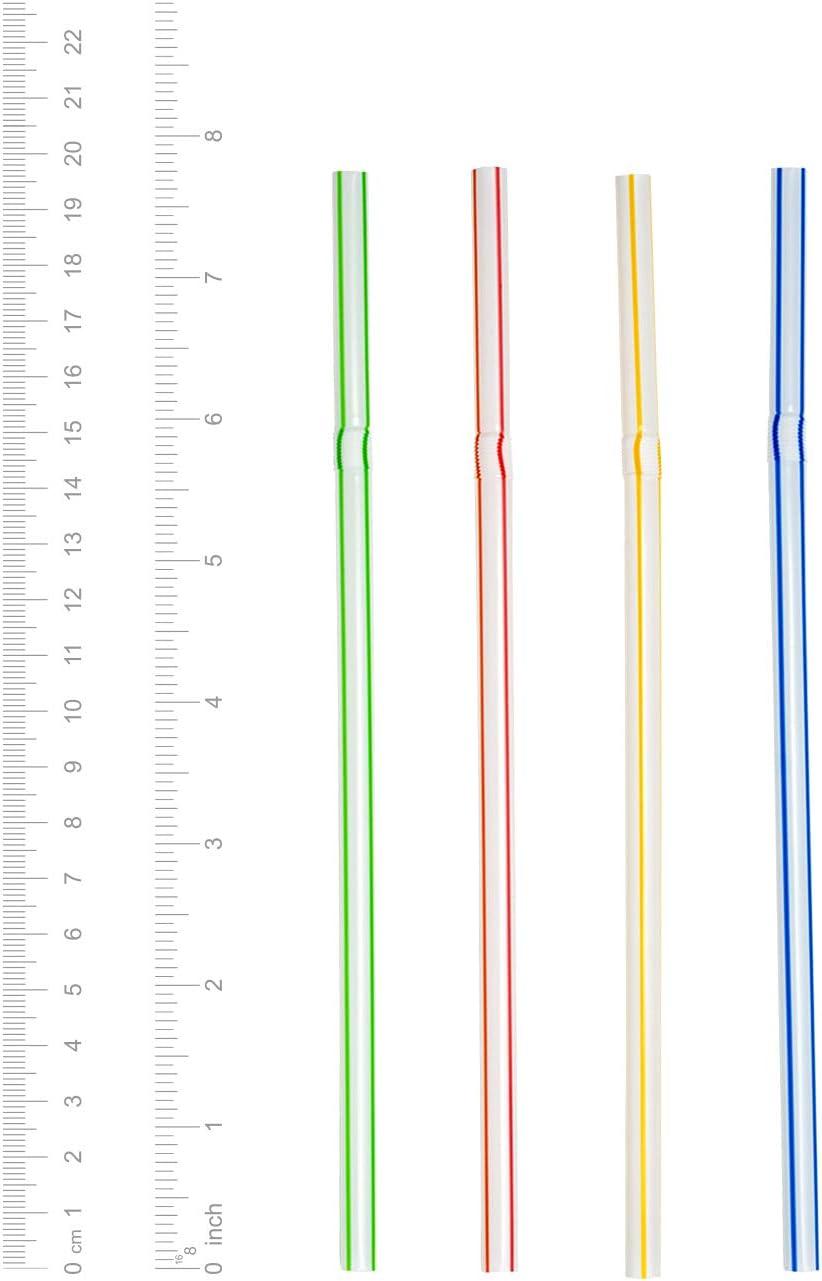 Comfy Package 7.75” Flexible Straws Drinking Plastic Disposable Bendy Straws, 200-Pack Striped Assorted