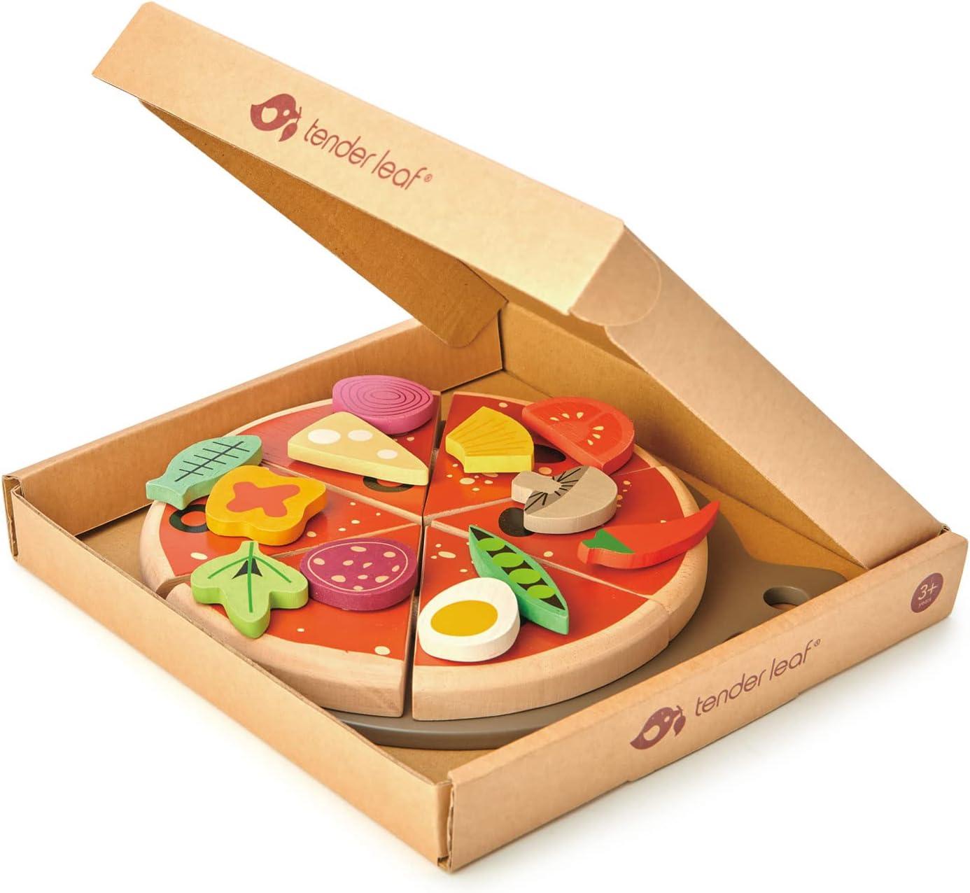 Tender Leaf Toys - Pizza Party - 6 Slices of Realistic Pizza Toy Set with 12 Different Toppings, Kraft Card Take-Out Box Included - Pretend Play Food for Kids - 3+