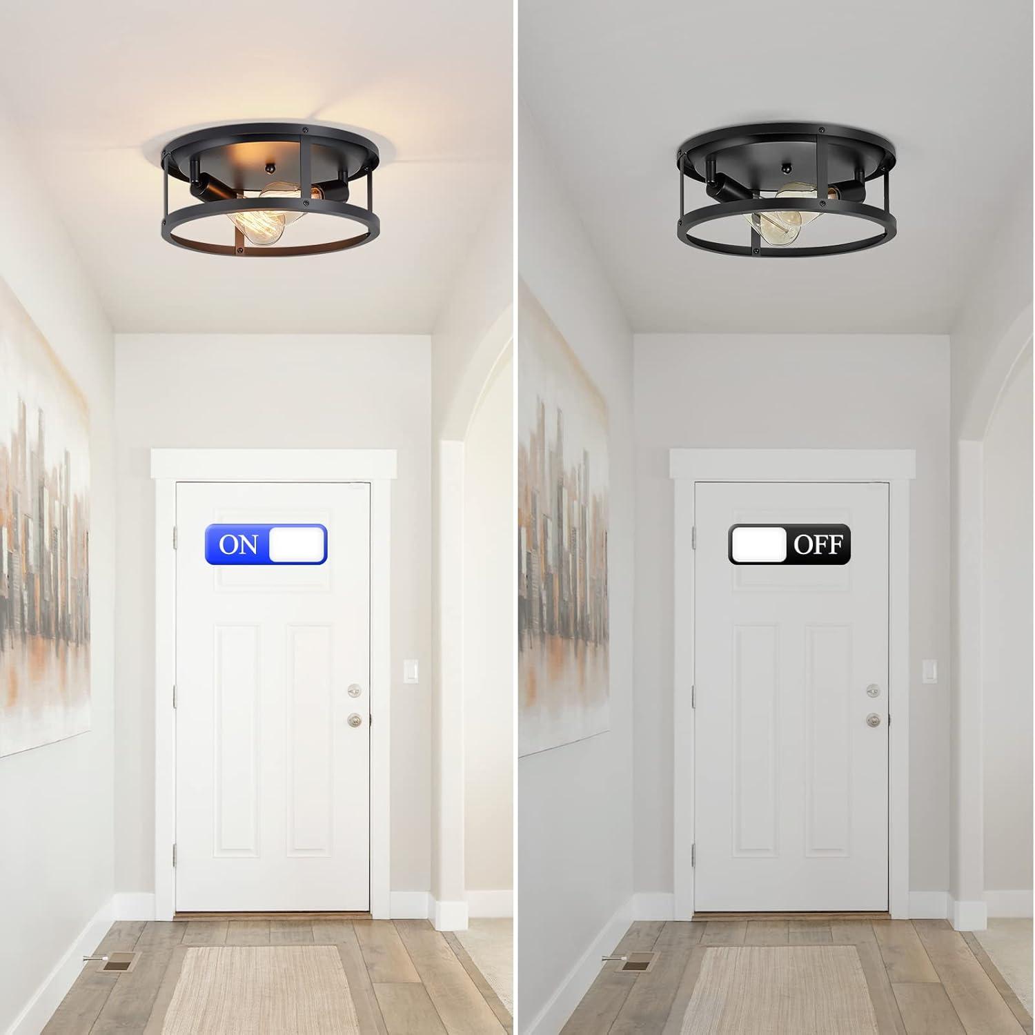 2-Light Industrial Flush Mount Ceiling Light Fixture,Black Farmhouse Ceiling Light Fixture,Modern Flush Mount Light Fixture for Kitchen Bedroom Living Room Hallway 2 Pack
