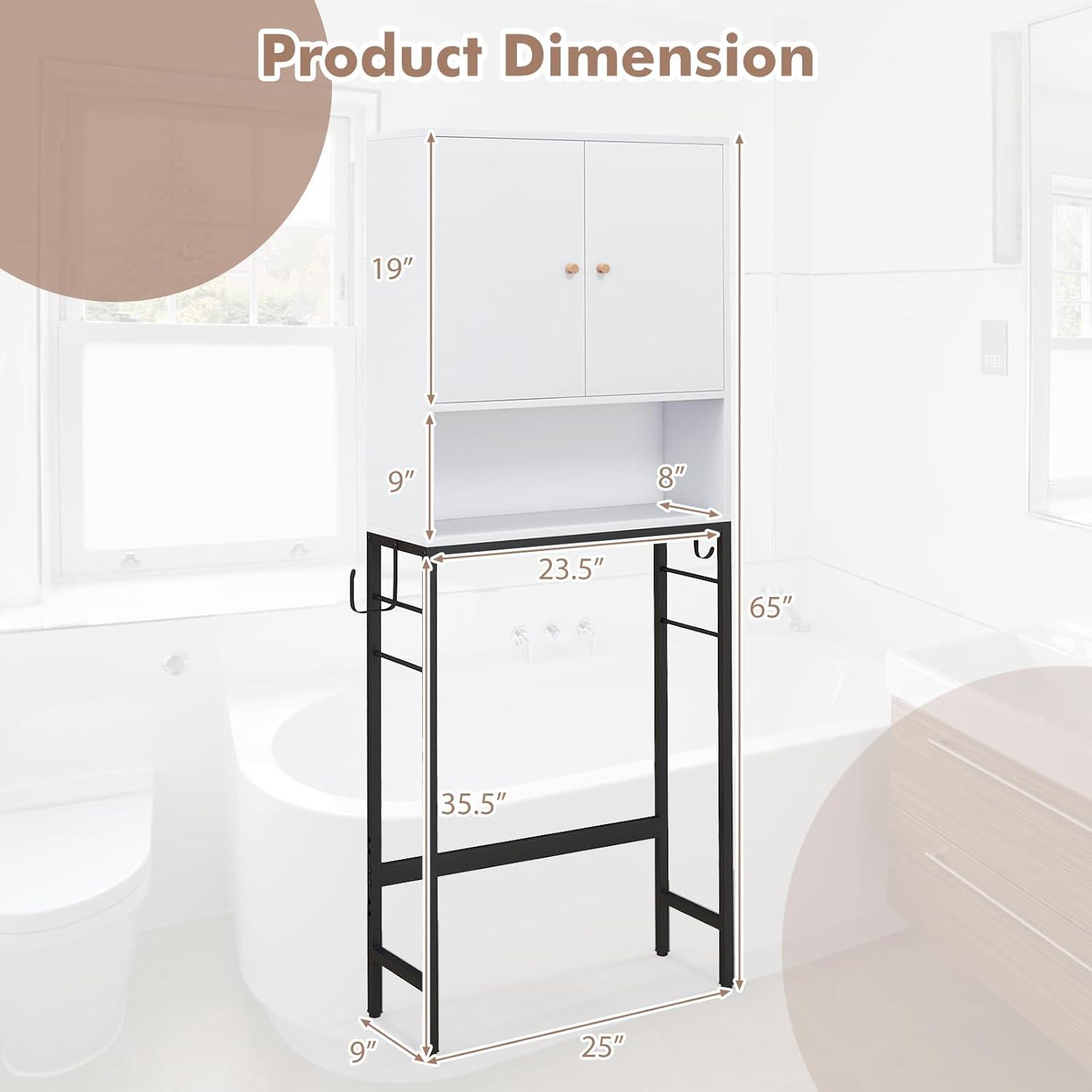 Over The Toilet Storage Bathroom Organizer with Double-Door Cabinet & Open Compartment Adjustable Shelf & Bottom Bar Space-saving Rack Black/ Natural/ White