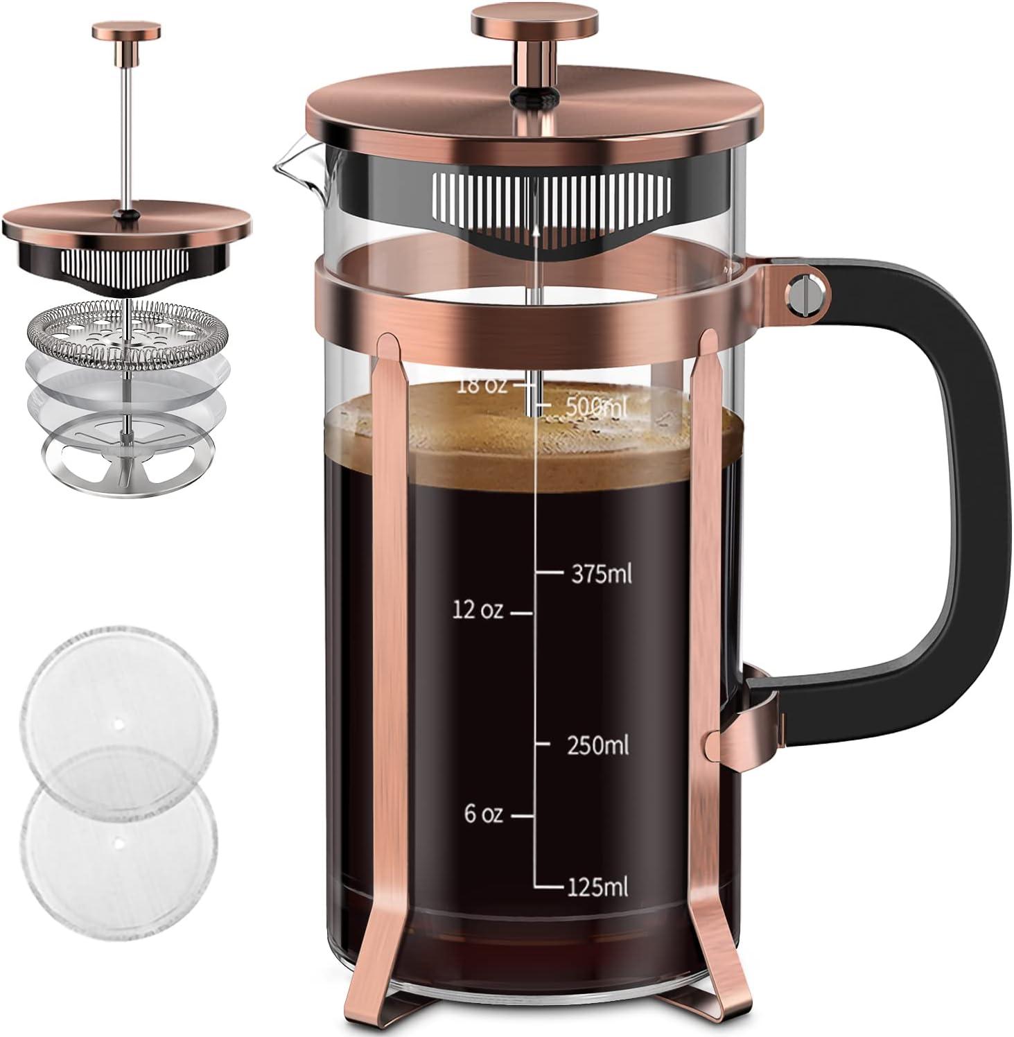 French Press Coffee Maker (21oz 600ML 3-4Cup) Coffee Press, with 4 Filters System, Heat Resistant Thickness Borosilicate Glass, Cold Brew Coffee Tea Pot Gifts (Copper)
