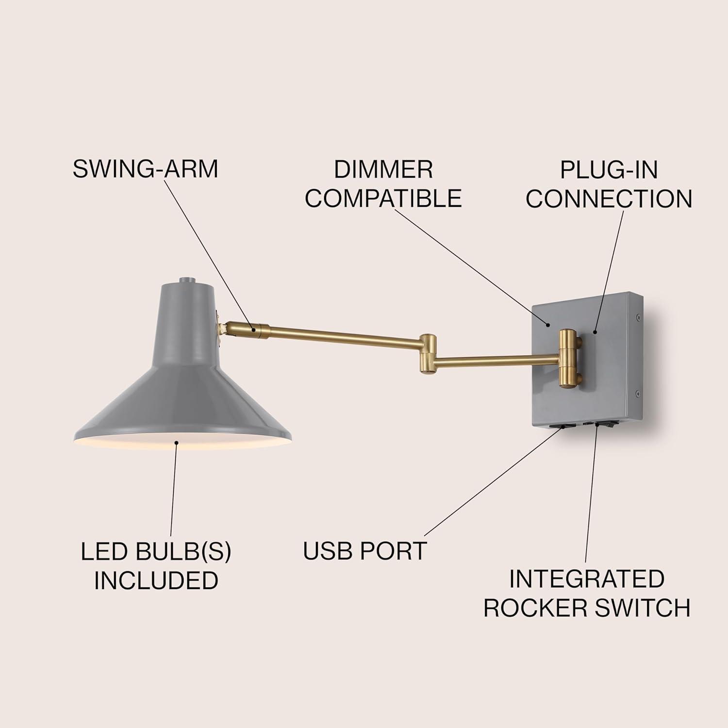 Hygge 16" Swing Arm 1-Light Modern Midcentury Iron USB Charging Port LED Sconce, Grey/Brass Gold