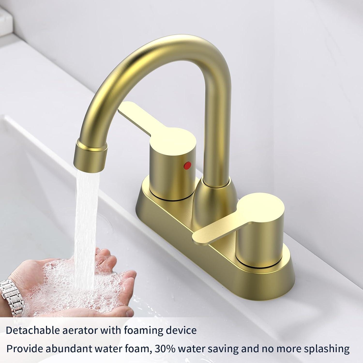 Brushed Gold Bathroom Faucet - 2 Handle, 360 Degree Swivel Spout, Centerset, 4 Inch Vanity, RV & Lavatory Use