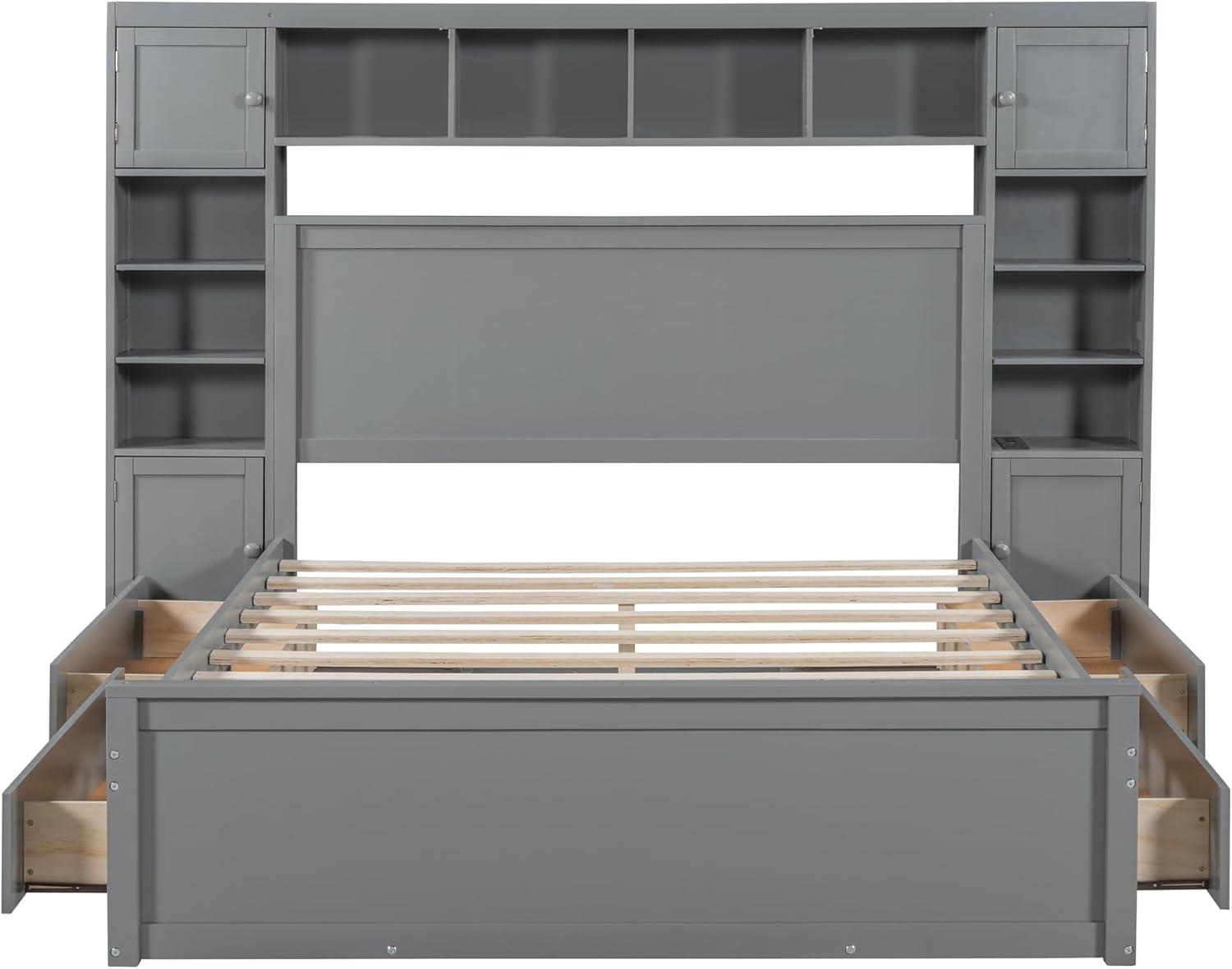 Gray Queen Size Pine Wood Storage Bed with Bookcase Headboard and Drawers