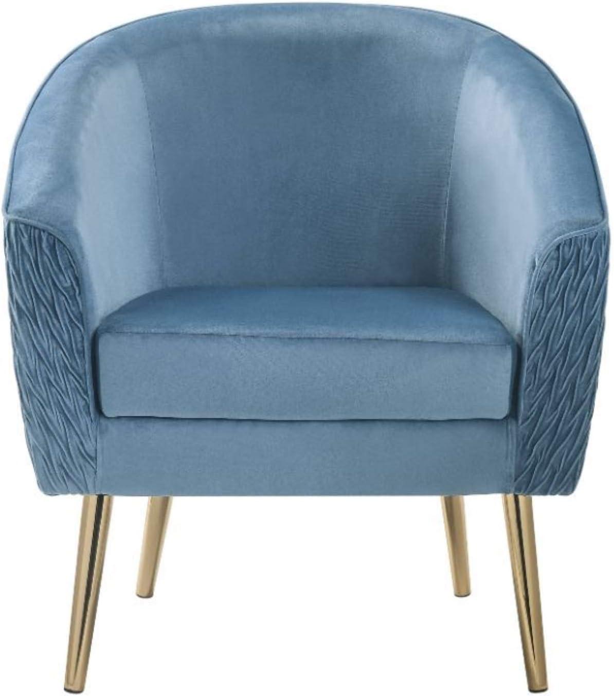 Sloped Armrest Blue Velvet and Gold Metal Accent Chair
