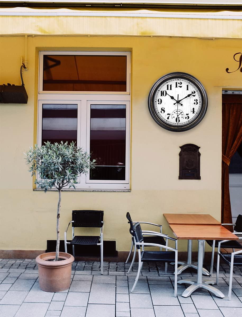 12 Inch Retro Silent Wall Clock,Indoor and Outdoor,Waterproof,Thermometer,Black