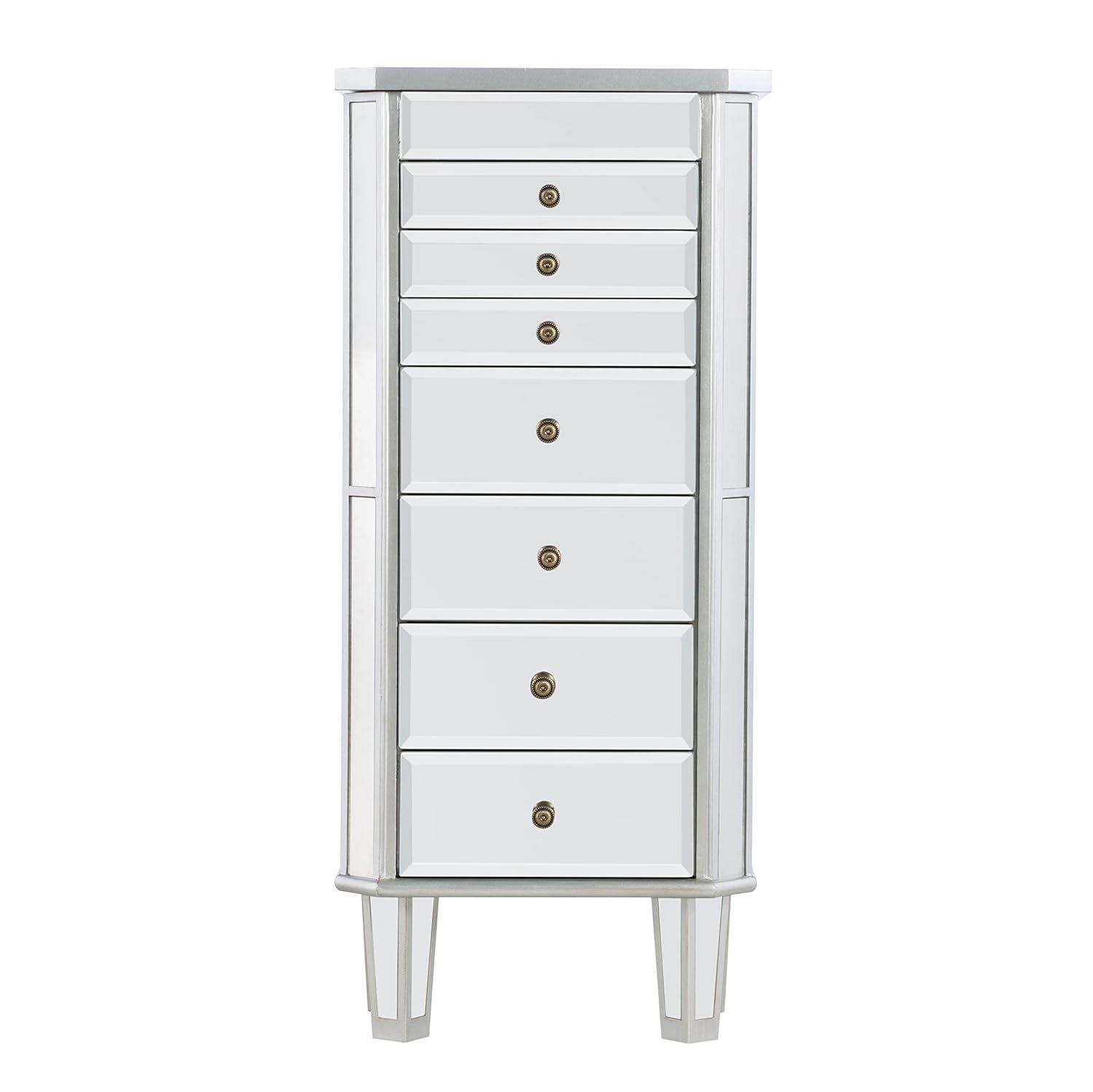 Linon Mason Mirrored 7 Drawer Flip Top Side Storage Jewelry Armoire in Silver