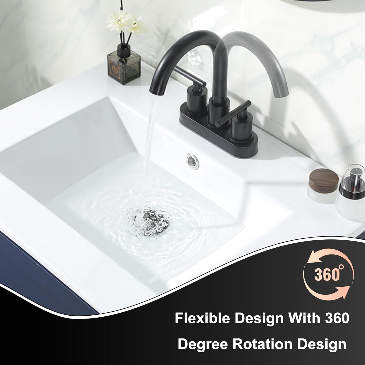 Brushed Nickel Bathroom Faucet, 2-Handle Lead-Free 360° Swivel High-Arc Spout 4 Inch Centerset Bath Lavatory Vanity Sink Faucets Set for Sinks with Drain & Water Hoses, VABM80008L