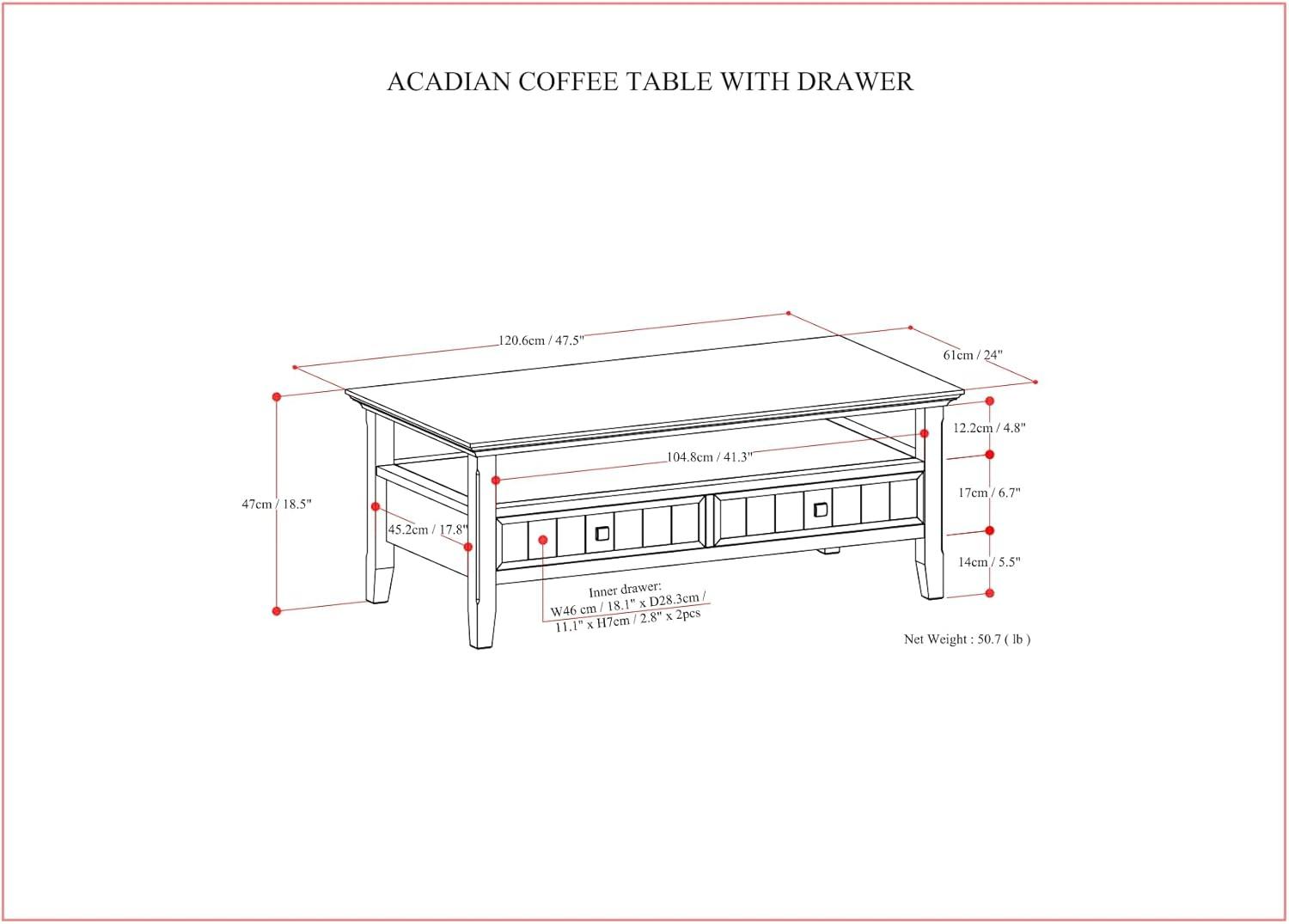 Simpli Home Acadian SOLID WOOD 48 inch Wide Rectangle Transitional Coffee Table with Drawer in Brunette Brown