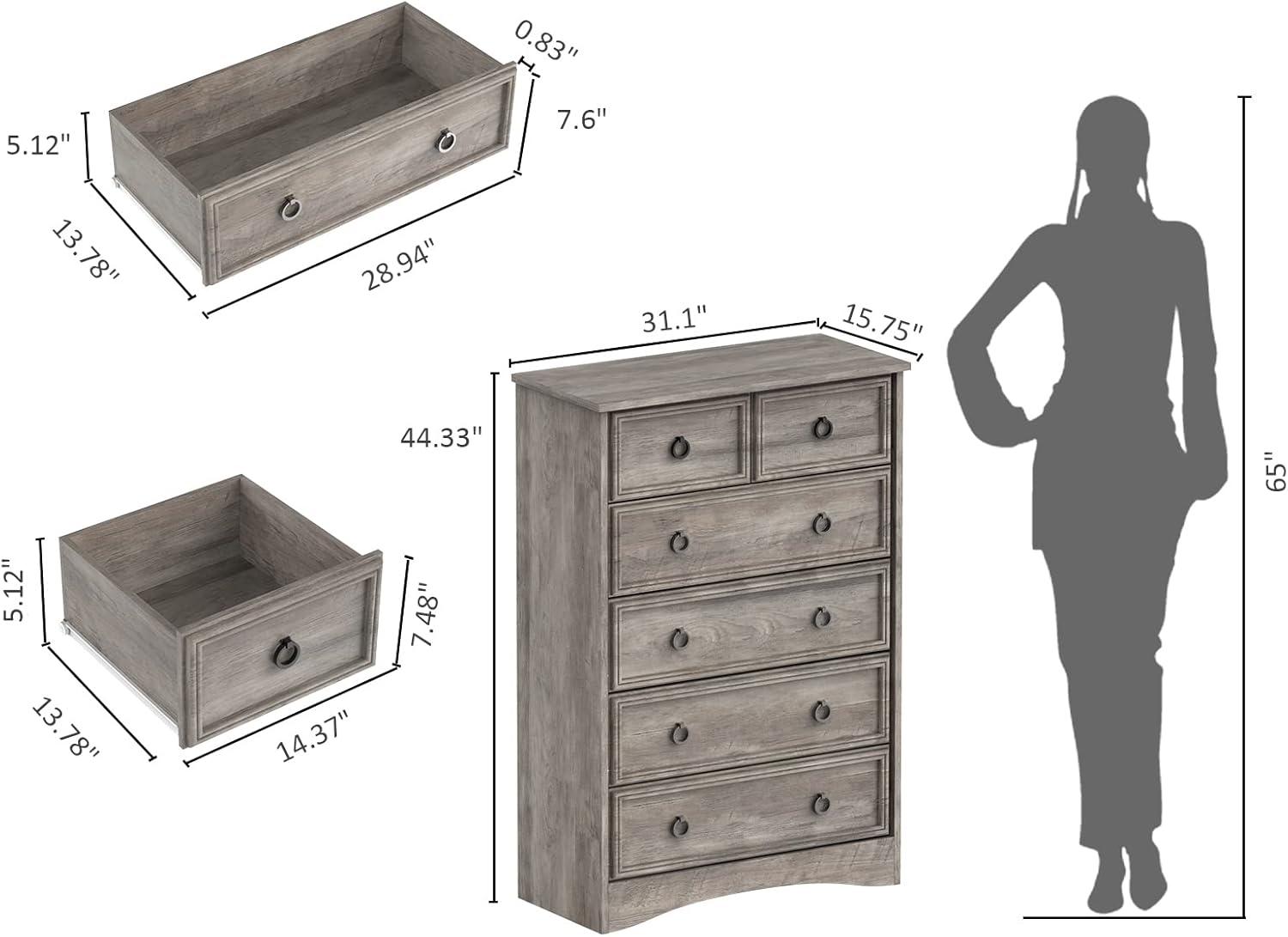 6 Drawer Dresser, Tall Wood Chest of Drawers Dressers for Bedroom, Living Room, Gray